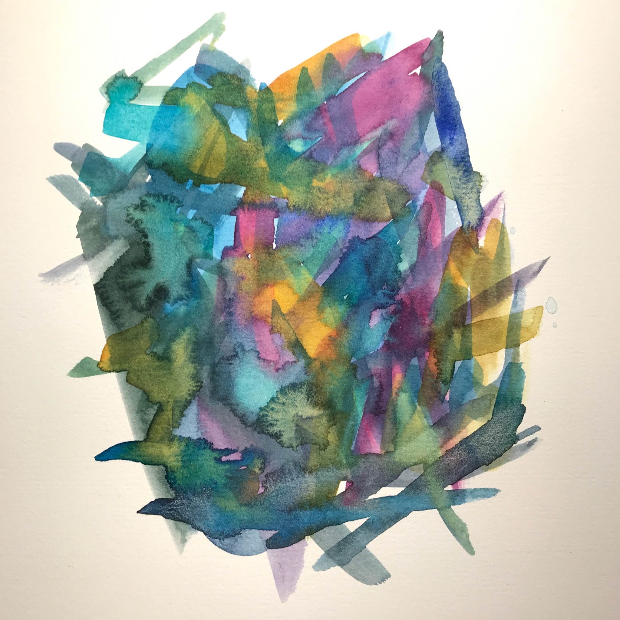 Abstract watercolour painting made with a wide brush strokes in shades of blue, magenta, ultramarine, green and turquoise. The colours are harmonious, and the brush strokes are mainly diagonal.