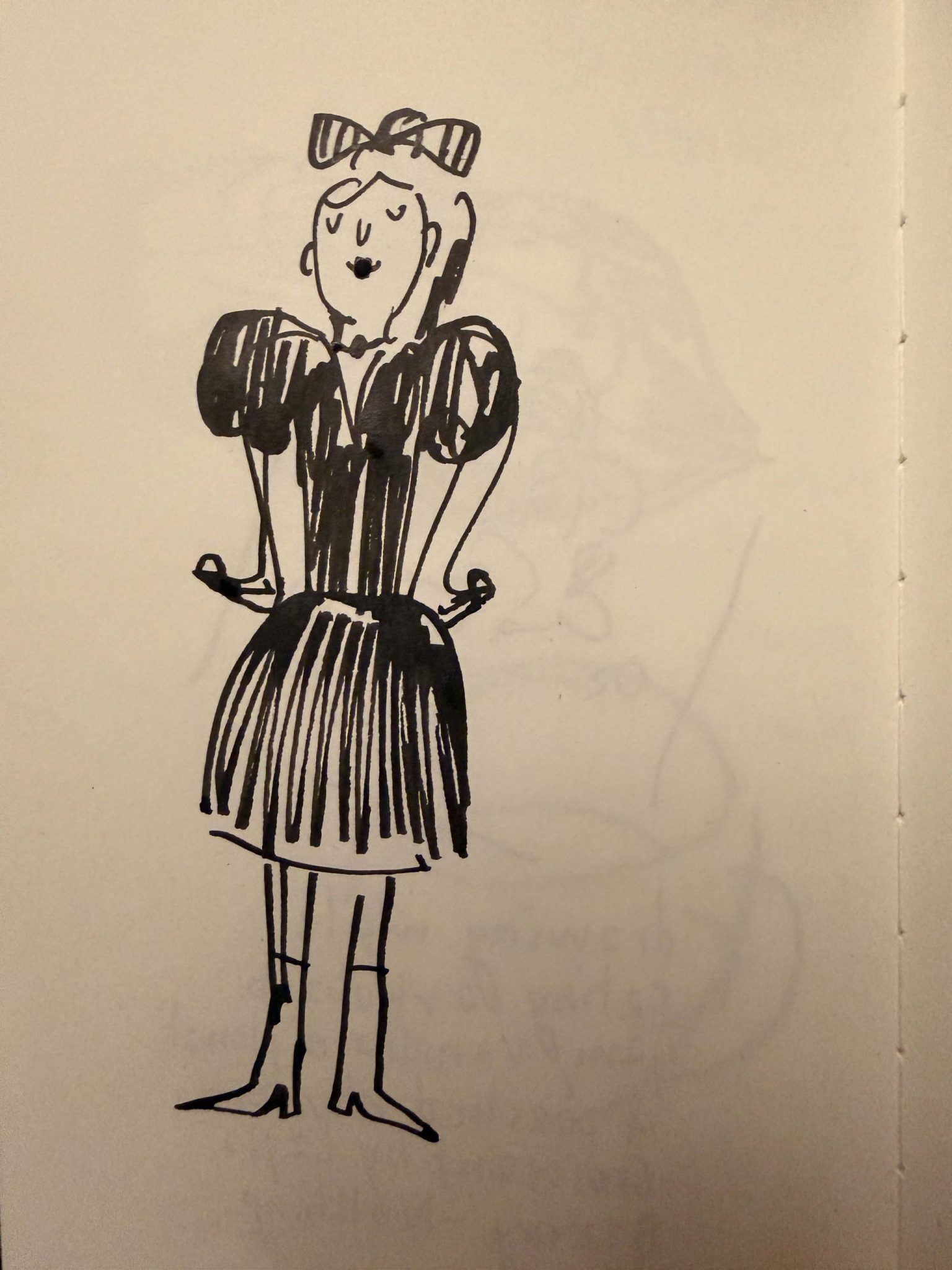A girl dress up. Black ink on paper.