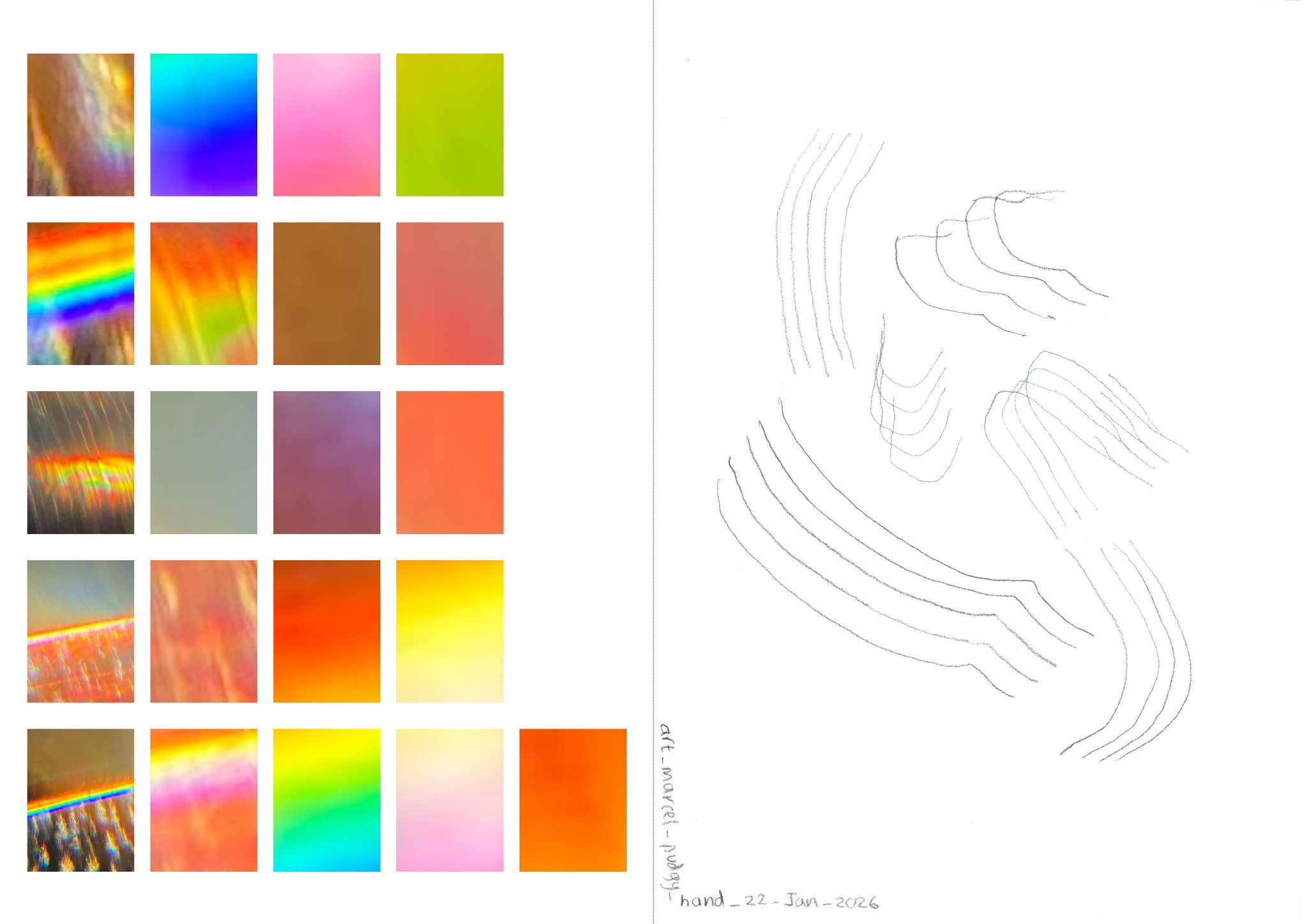 a landscape A3 page divided in 2 equal halves with a grey dotted line. the left half contains 21 coloured rectangles arranged in 4 vertical lines of 5 with the fifth vertical column containing 1 rectangle. the right half contains a collection of repetitive lines or marks made in pencil. the drawing has been scanned and has text written in the bottom left corner 'art_marcel _ pudgy_hands _ 22_Jan_2026’.