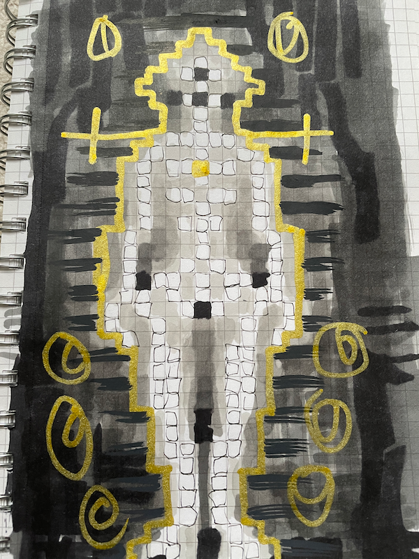 human figure on top of various shades of gray and gold