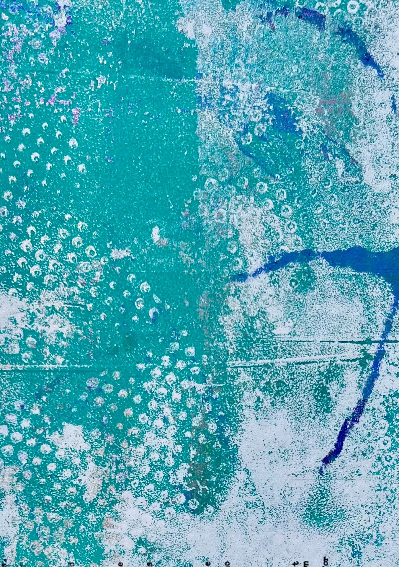 Monotype collage in teals silvers and blue