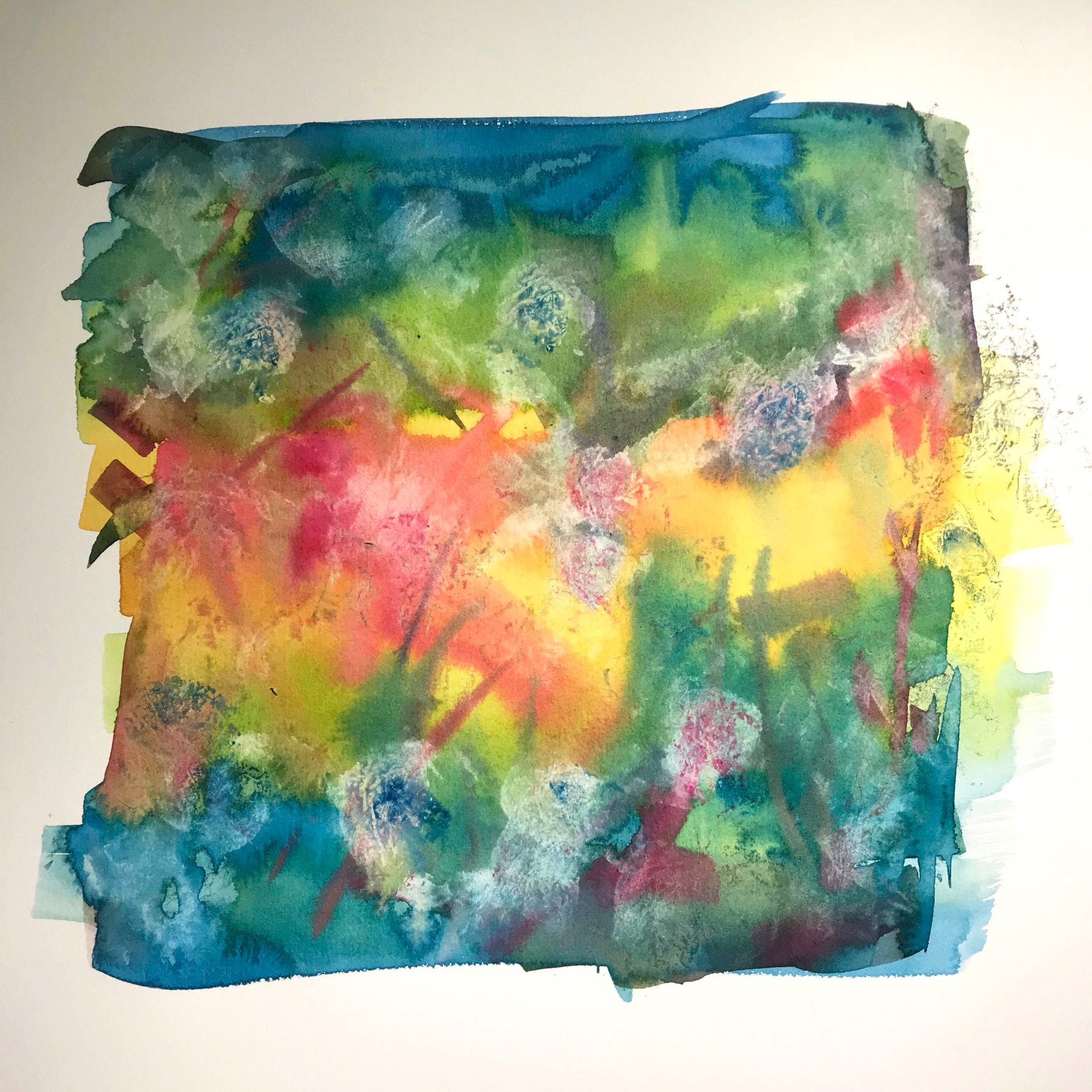 An abstract watercolour painting with broad strokes of yellow in the middle and bands of green an blue above and below with added pink and darker shades with a smaller flat brush and then bits removes with scrunched up tissue leaving whiter areas.
