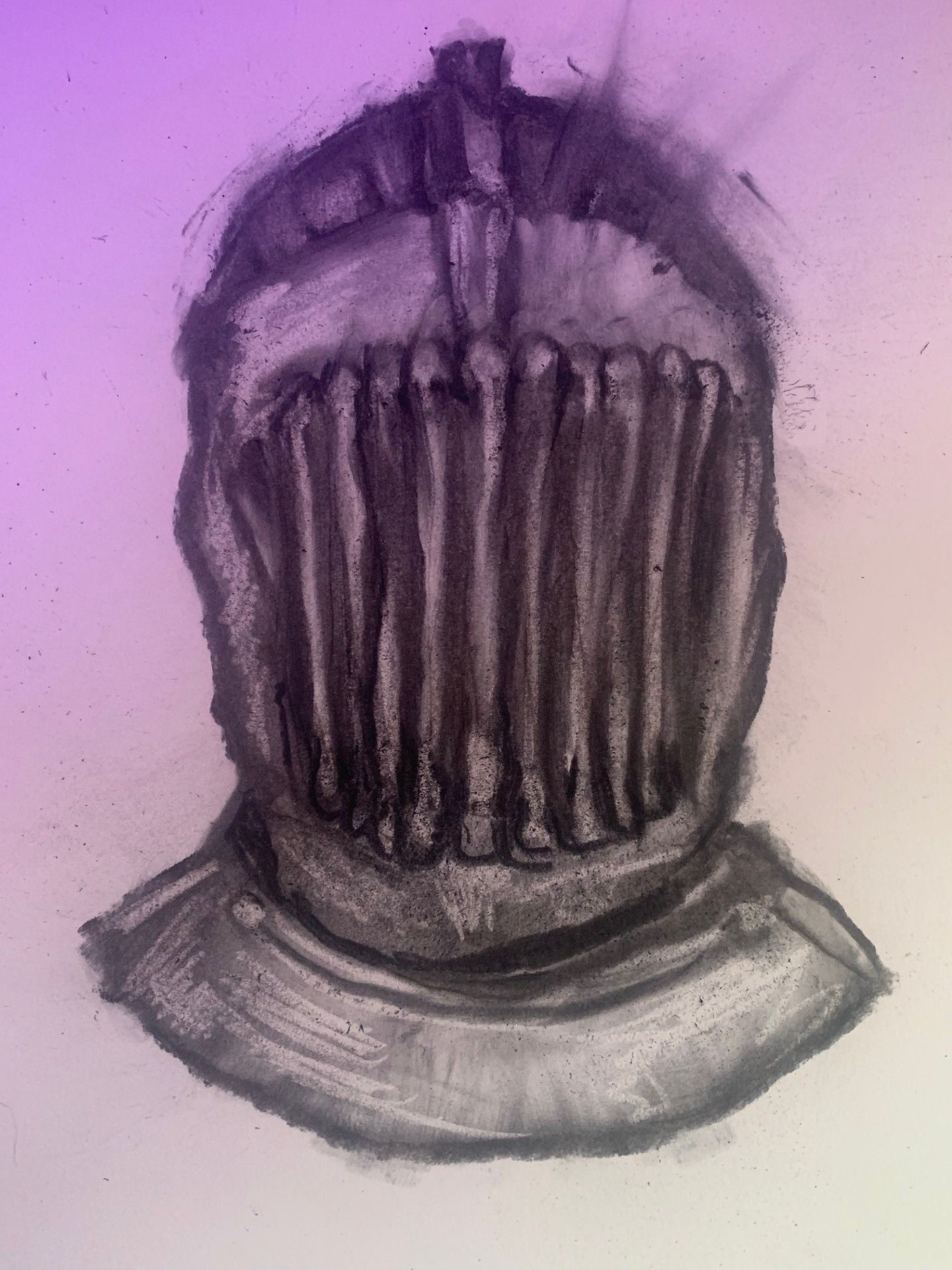 A knights helmet with a cage like face-plate drawn head on in charcoal