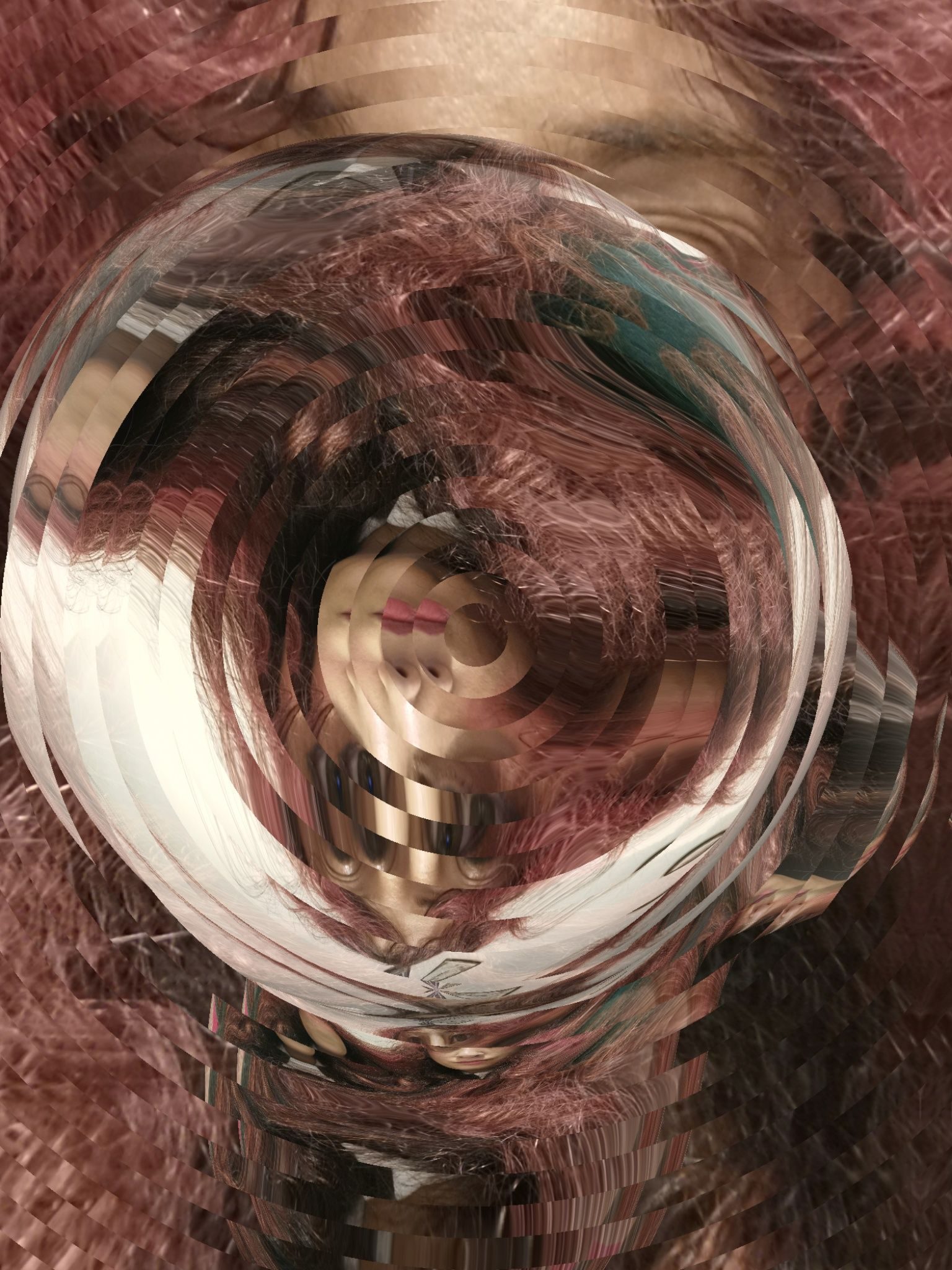 Self portrait has been manipulated using mirror lab options. Image has split, into circular fractions, and upside bubble Face cannot be seen, only circular segments and messy coloured hair.