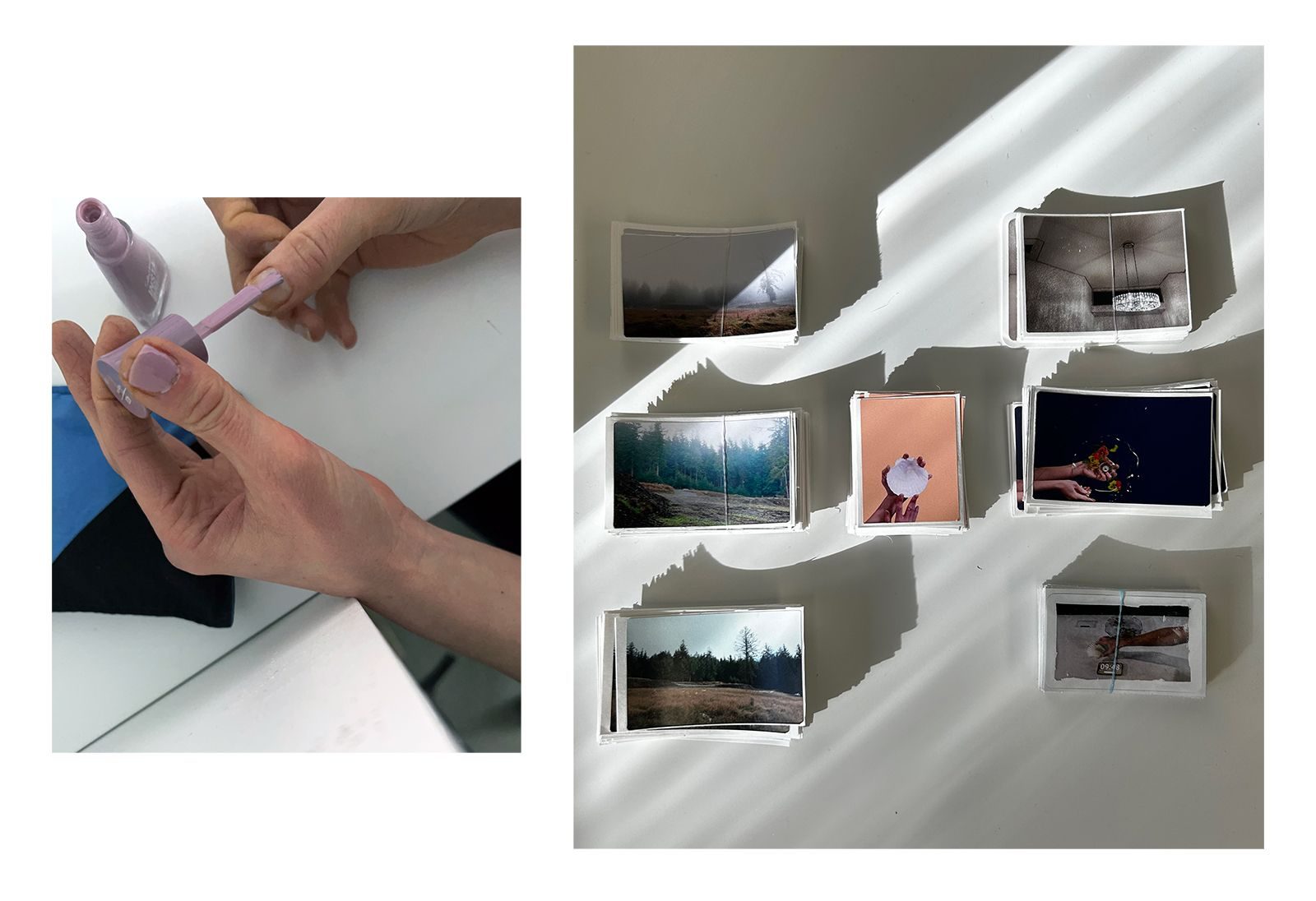 two images on the left is the artist painting her finger nails on the right is a stack of stickers made by the artist