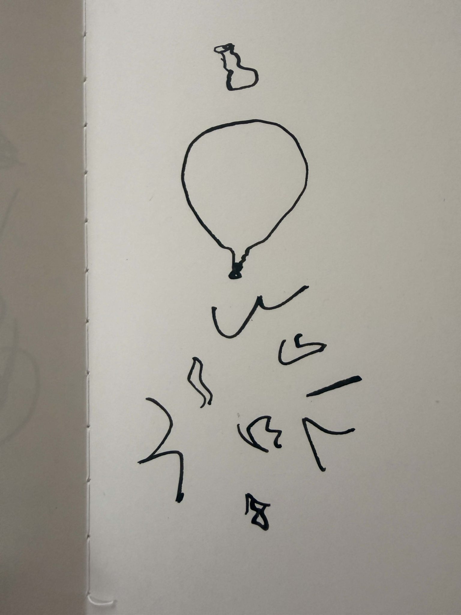 A balloon in 3 stages - flat, inflated, and popped. Black ink on paper.