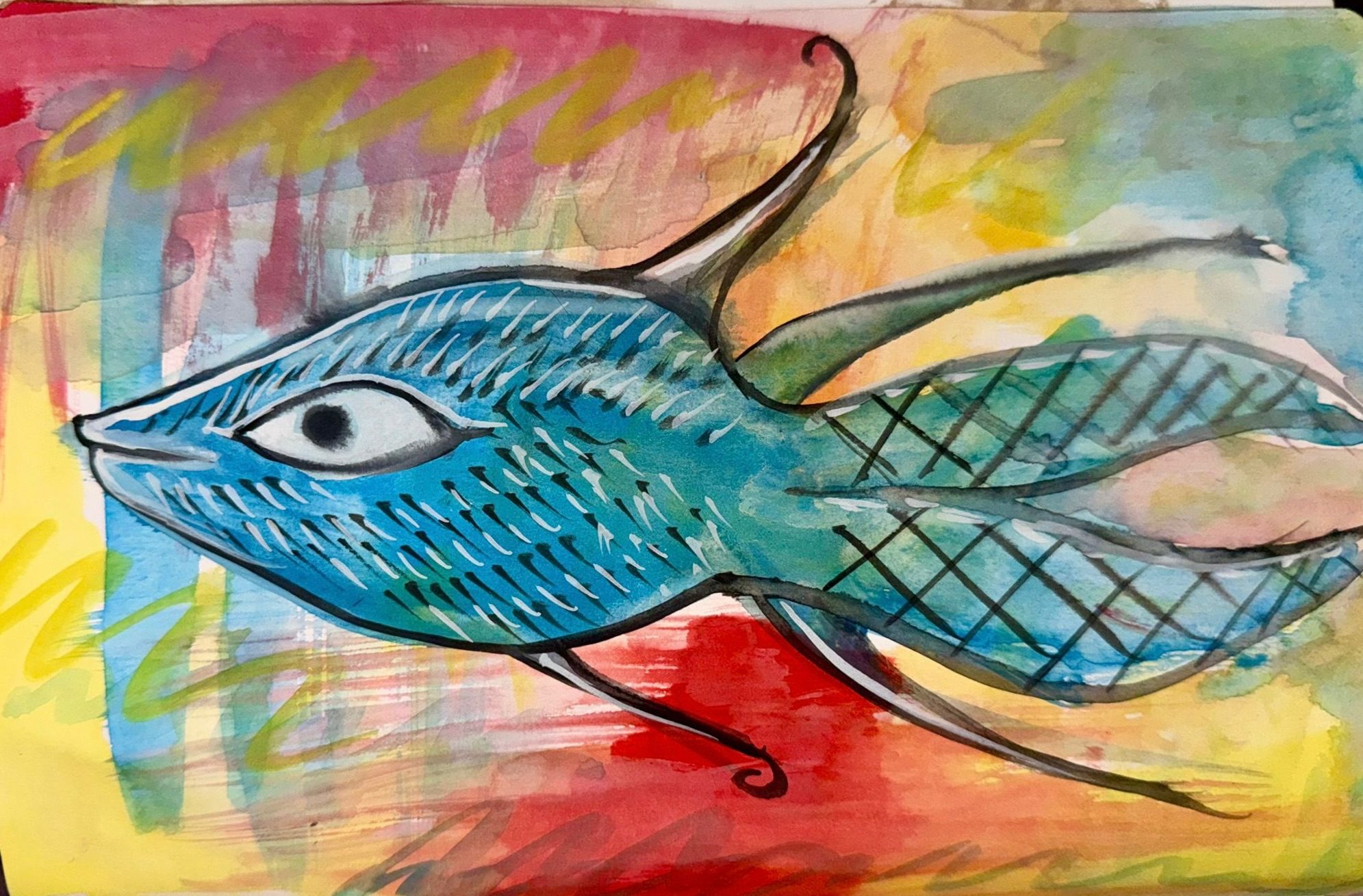 a bright gouache painting of a blue fantasy fish in a medieval style. Its on a background of various colour washes of paint