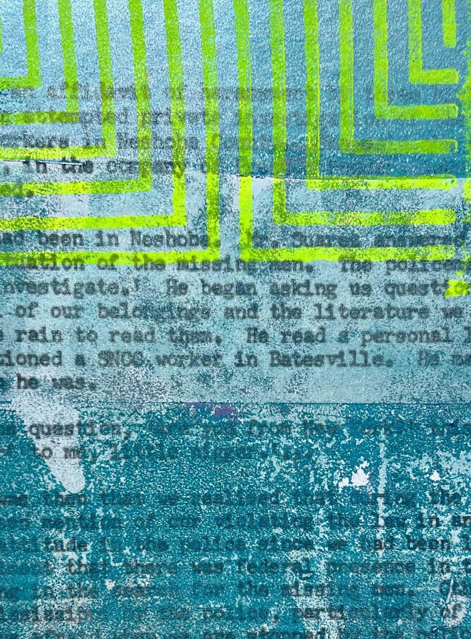 Monotype collage in teals, neon yellow and silver, created from documents in the Freedom Summer Archives