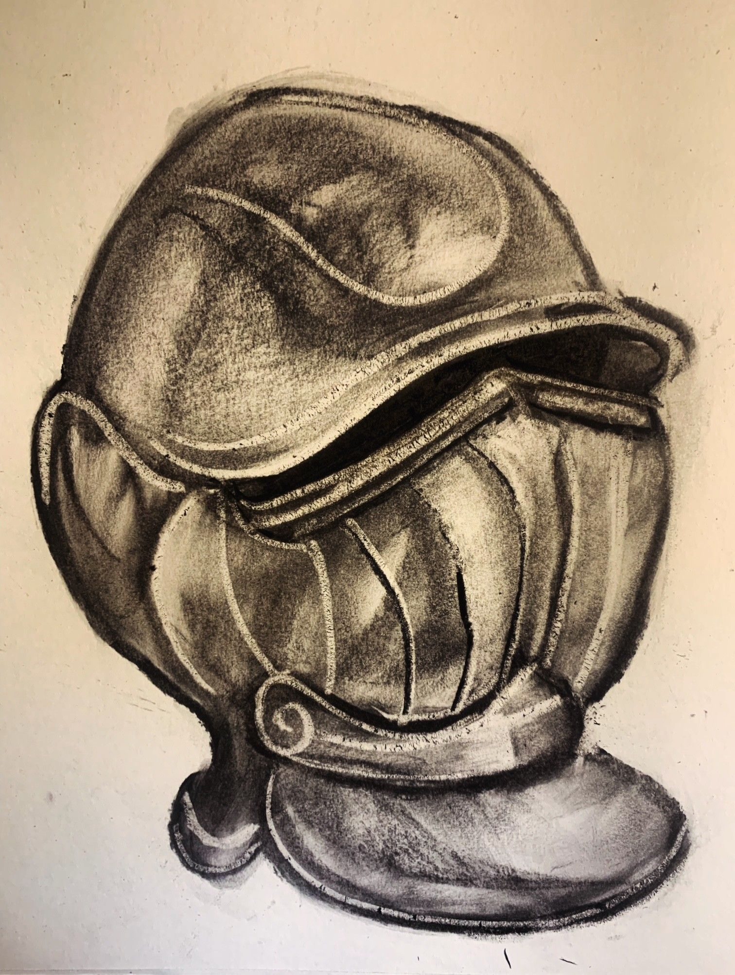 A knights helmet rendered in charcoal