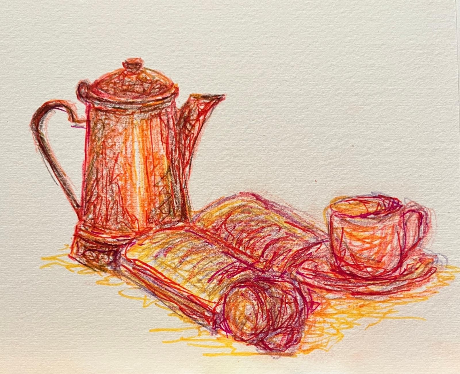 Coloured Felt pen and pencil drawing of Coffe cups, coffee pot and book