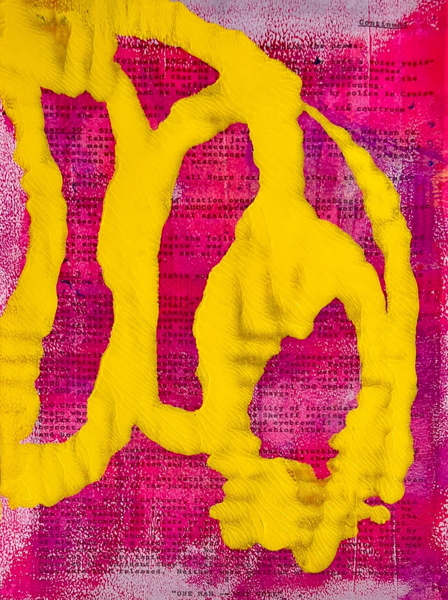 Monotype collage with pinks and yellows created from documents from the Freedom Summer Archives