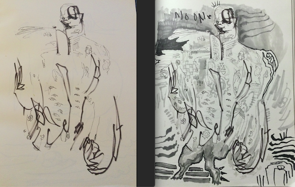 early version of monster sketch and finished version