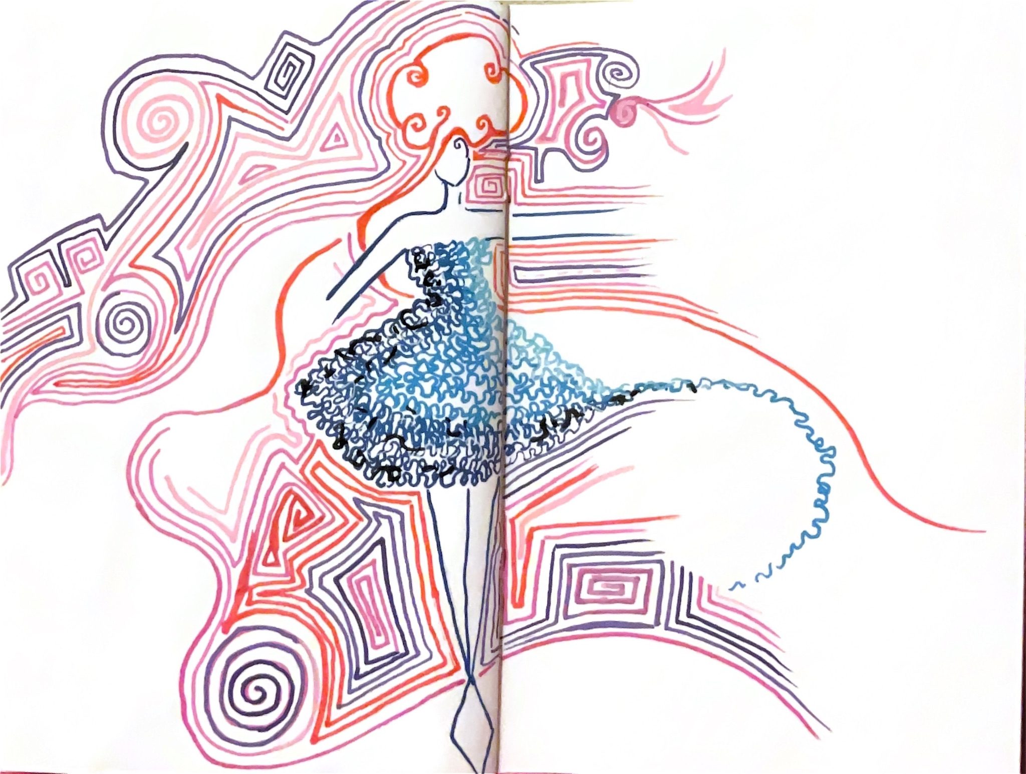 Acrylic pens - won in blue dress with pink red and purple lines around