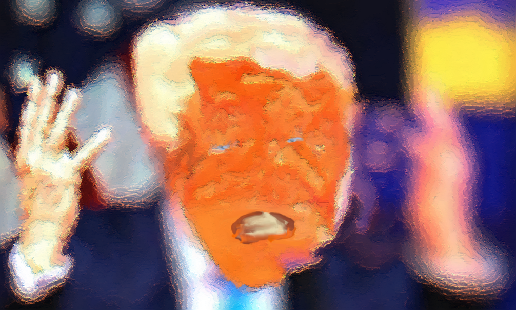 a very messy digital intervention into an image of the current President of the `use, known for his white comb over, small hands and orange skin tone, the image is a portrait with the hands raised, it is very messy very distorteda