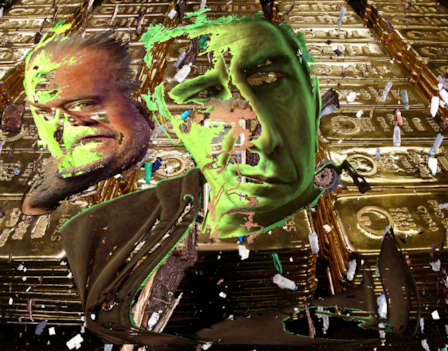 there is nothing so inspiring as any page 37 of a James `Ellroy novel, especially one published in 209 and the page 37 of Jaques Ranciere hatred of Democracy. The release of the swather of the Epstein files last week has rocked democracies across the world, excepting of course int eh `us or so it appears, a recording of Bannon couching  Epstein appeared online in news media, two photos one of each of these  ex cons , these are the starting point for the image, whereby they are captured , in part from these photos and overlaid over the ifragmented image of rubbish in a Dnieppe river and a stock photo of gold bullion, which was the central payer , the gold bullion of the James Elroy novel and the ``````````````````McMuffin moment on page 37 of the novel