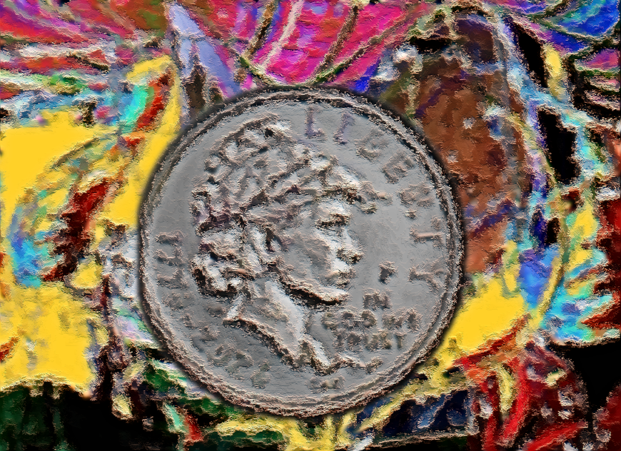 the colours are loud and psychedelic they appear to show portraits of face too familiar in the news as the full network of control and corruption of Epstein is apparent revealed through the release of the files,, central to the image is a grey tone disc that has the women' face of Liberty,, in profile wearing the classic cap of the French Revolution that was the supposed central tenant of the American Revolution in 1776, in script can be made out In ?God We Trust and the date 1776-2026t. 1976 is recalled by the colours and the psychedelia of the image.  the image is digital and appears to have brush marking to it