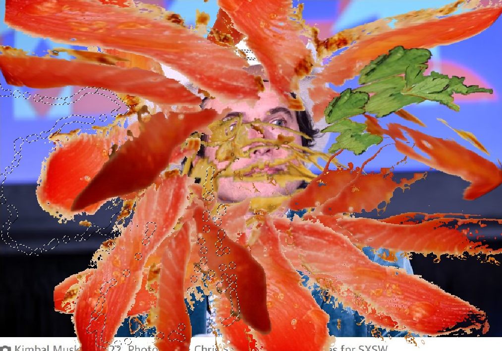 a face of man wearing an aerated white cowboy hat, with blue eyes and clothes to match is obscured by fish, is this sushi fish?, arranged like a flower for this guy with Burning `Man hippy tendencies and allegedly brother of worlds richest man, the lights for his city grow containers are shocking Barbie pink to produce ;eras such as the parley that garnishes the image