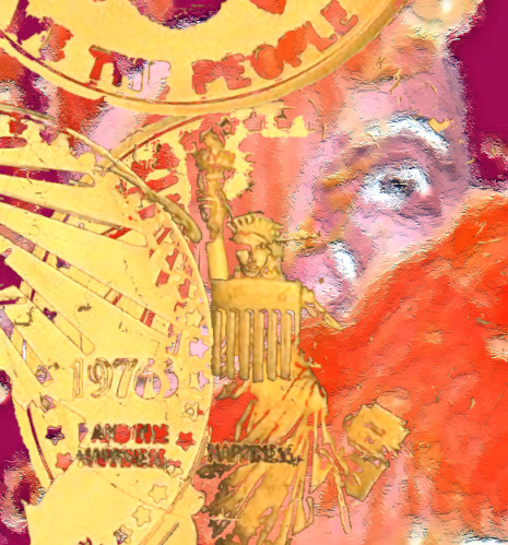 a pink fleshed face is obscured by an orange area, laid over this 'face' and 'eye' are elements, at the top it reads 'WE The ``people' in caps, below appears tp be the fragmented Statue of `liberty worn and damaged, holding a torch that is perhaps no longe lit, he sword in her left hand is damaged and shattered. to the left of this central figure, it reads 1976, and hardly legible in caps can be read 'AND THE ~HAPPINESS,' HAPPINESS