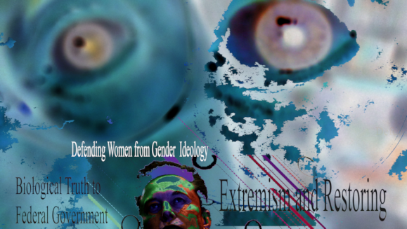 between this and cleaning the litter tray `I read about a new policy in the `USA for women, so this is an image that appears to have tw eyes are they eyes that are blurry, they might be blue breasts frozen out into the cold, female breasts or eyes, who can say? Below is text Defending Women from Gender Ideology. immediately below this text is a head, of man who might resemble a re skin enhanced man such as `gimbal `musk's older brother , he is gazing up to the eyes or is it the sky or is it the breasts, to his left in black Times `new Roman the `use preferred font it reads Biological Truth to Federal Government and to the other side our right, it reads Extremism and and Restoring?  there are the last fragments of stripes of colour underlying the text