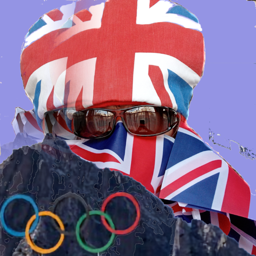 a figure appears to be wearing a rather dated tea cosy on the he'd, wrap around shades and union bunting stole, , all wrapped up for the cold and Winter Olympics, which are not proving necessarily worth £25m