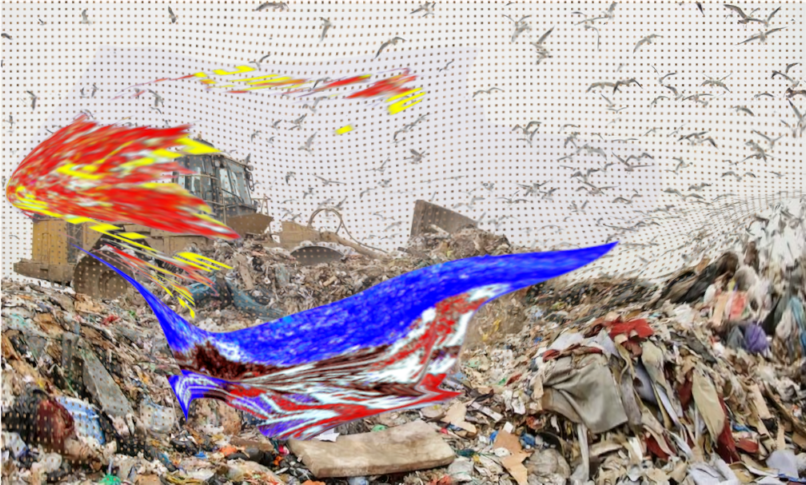 pushed the extremity of the image from yesterday until it reached the point of breakage, then took another image `I used for the flag prompt and pushed th two together to make the new meaning, which is debris discarded perhaps by athletes & super fans, screwed up, smelly , consigned to the bins, removed to join the huge landfill sites that blight this planet, where birds and animals and people who are some of the most vulnerable on the planet scrape a living, my mind propelled by Arundhati Roy  who walked away from Wen Wenders words at the Berlin film Festival this last week, she is right  o