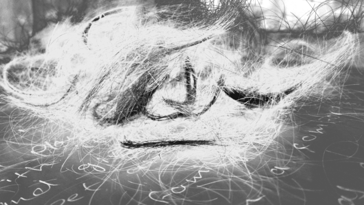 a black and white image with fragmented words buried under a tangle of fibres which may be hair os something similar, it appears fragile and in motion temporary, fragile