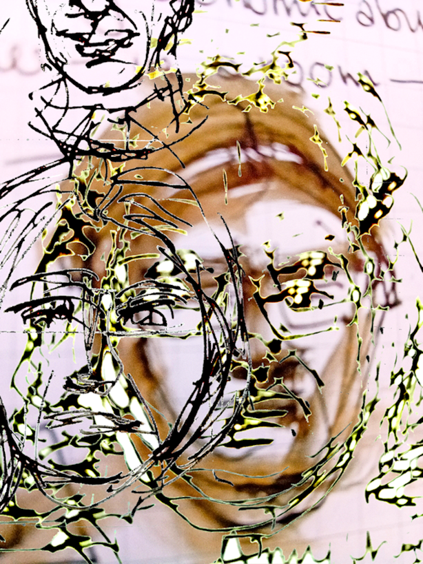 drawings digitalised layered over each other to make a new composite image of portraits made during Teams and Zoom meetings, sketchbook practice ongoing