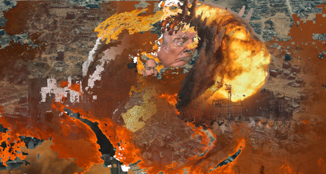 a landscape consumed by destruction and wreckage, fires raging across it to consume buildings and the distorted images of two men who appear to have prominence in the newly born `international pay to join institute of `Peace' that replaces the  the United Nations