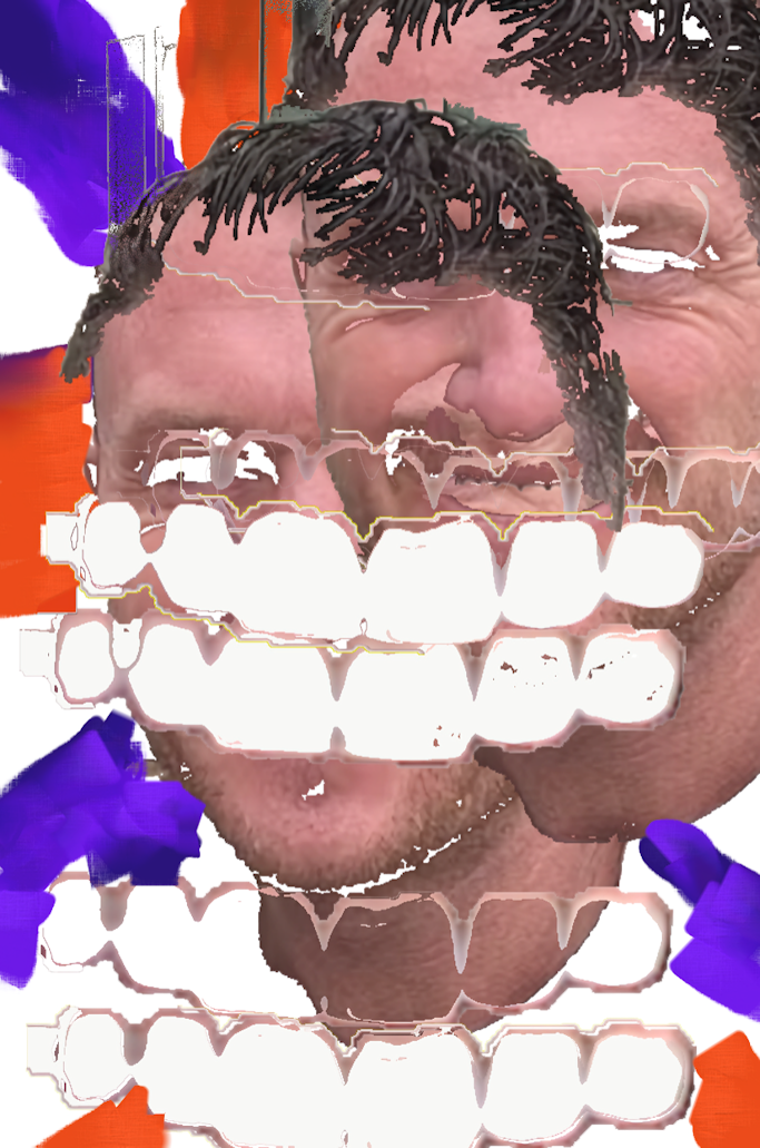 the image is of at the fragments of a man who sees himself as a spokesperson for people of Engerland, the doubled fragmented portraits are overlaid with multiple enlarged images of his very very pearly brights(teeth) with a background of a hideous attempt at a very poorly executed `union flag