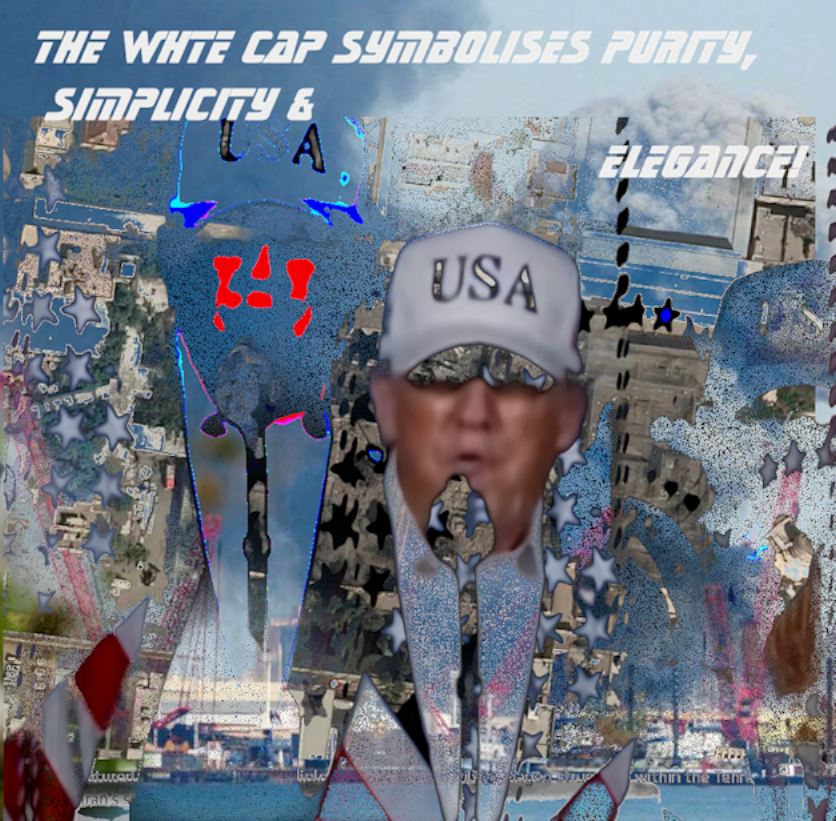 the image shows a partial face wearing a white XXL baseball cap, across the blue sky of the top of the image there is a script that reads the white cap symbolises purity, simplicity and elgacewith an exclamation mark that is in tune with the extra large baseball cap that hides what the Eagles might term, 'Lying Eyes', surrounding the truncated behaved head are signs of destruction and clouds of debris as might be triggered by huge explosions of armaments , like the `hotel California, War is a  lonely place where you can never leave
