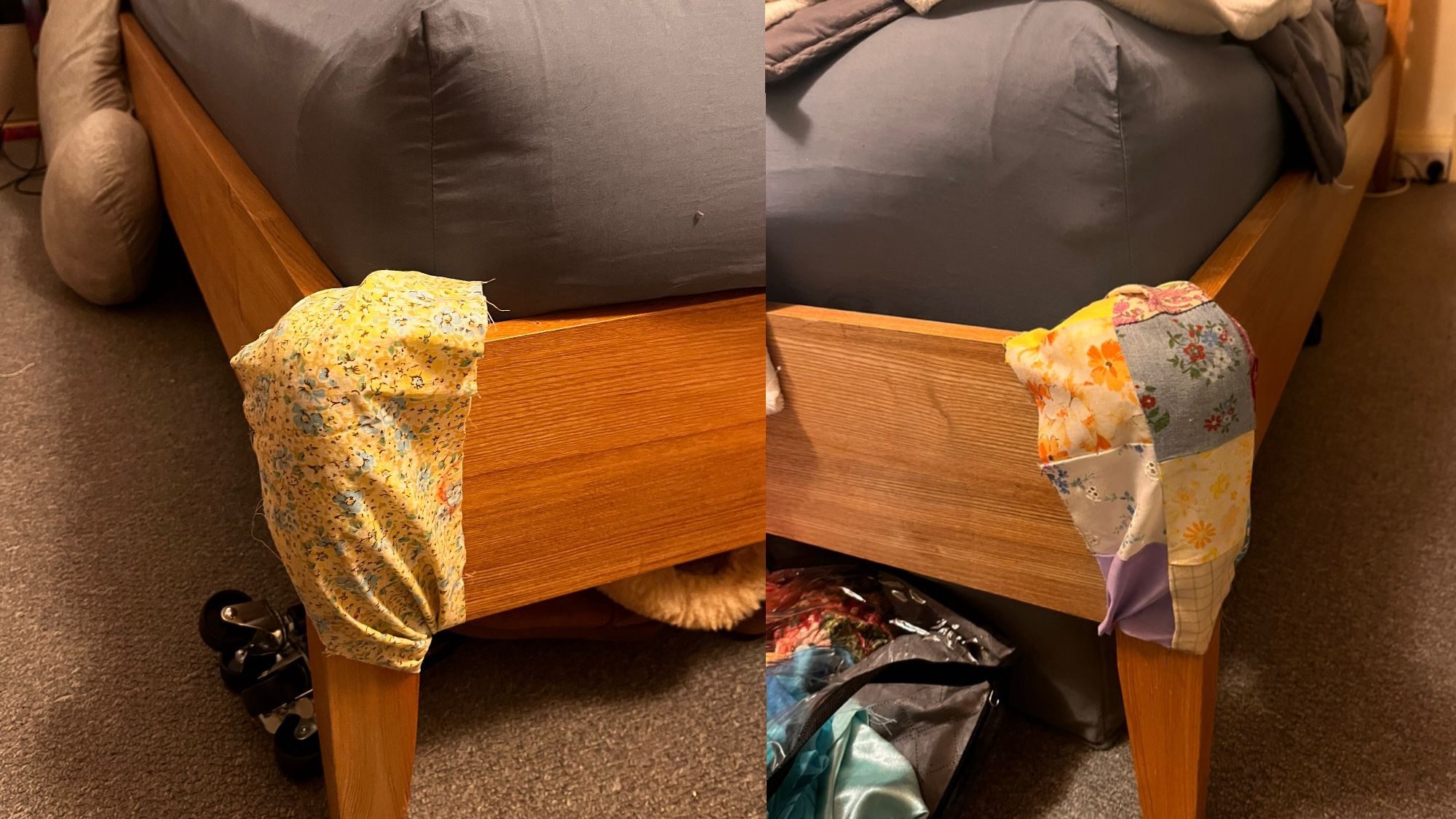 The corners of the bed wrapped up in material to cover up the sharp corners