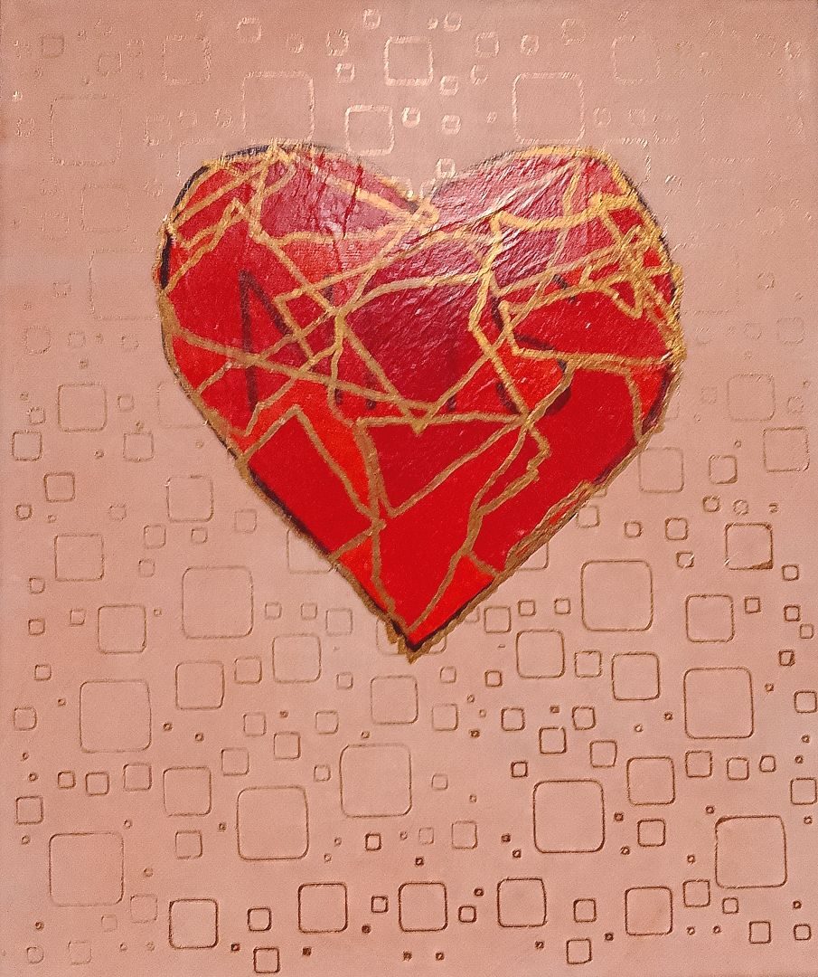 A pale pink rectangular painting  with a red heart shape collaged in the top two-thirds. The collage is made of layers of transparent tissue overlaying the letters NHS. The edges of the tissue layers are drawn in gold ink. The pale pink painted background is decorated with outlined squares drawn in gold ink in a semi random pattern. The outlined squares have slightly rounded corners, and look as if they have been drawn behind the heart shape.