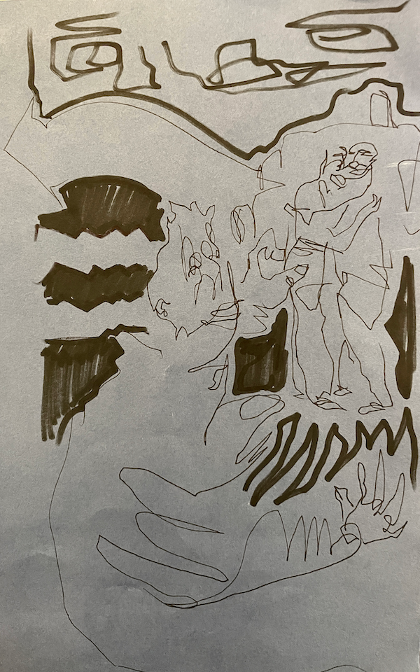 muse trying to tear two people apart in front of a cab on blue paper