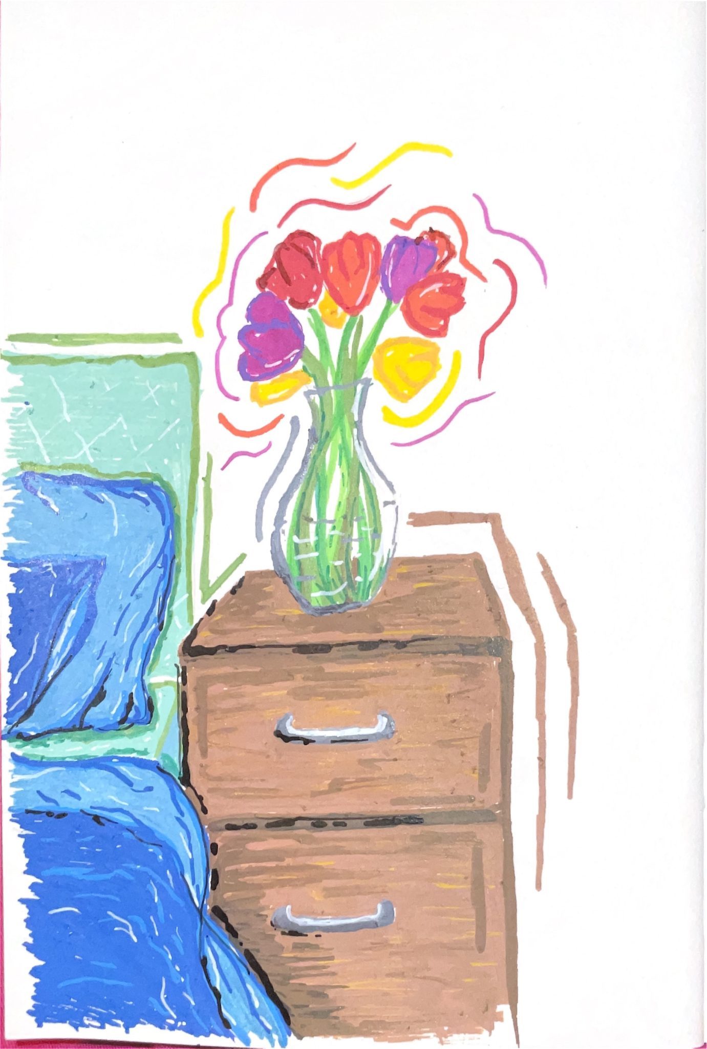 Acrylic pens - bedside table with flowers in a vase next to a bed with blue duvet and pillow
