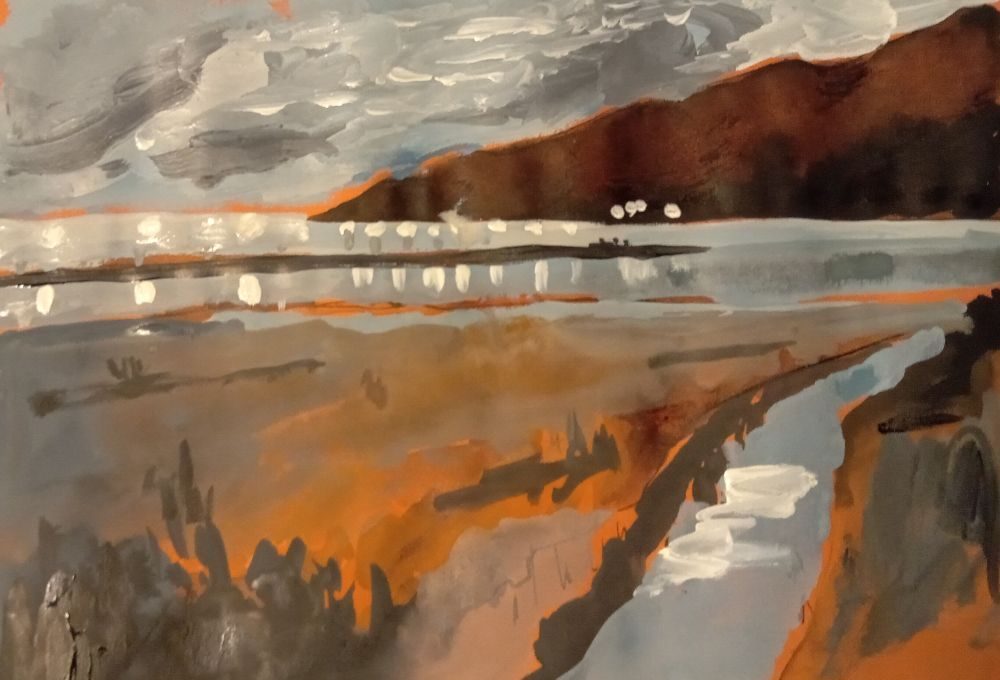 gouache, ink on toned paper