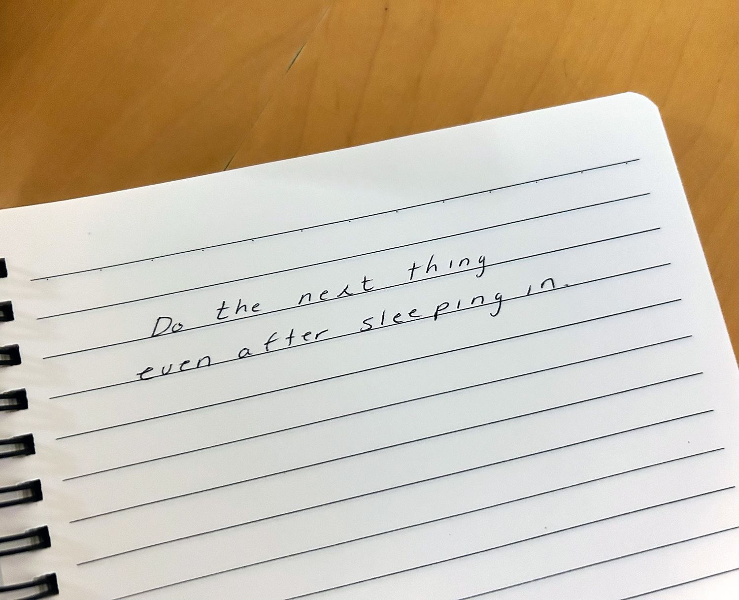 written text in a journal: do the next thing even after sleeping in.