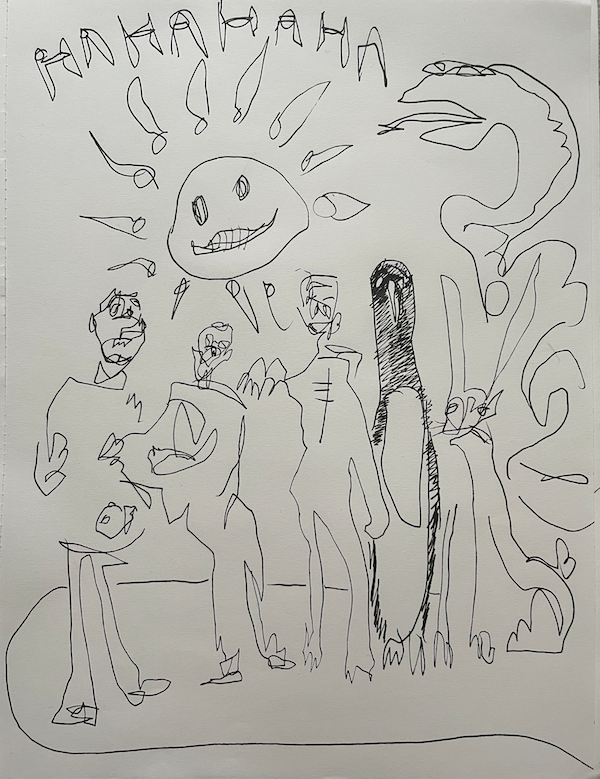 3 distorted people, a sun, a penguin, and a rabbit riding on a snake and someone told a joke