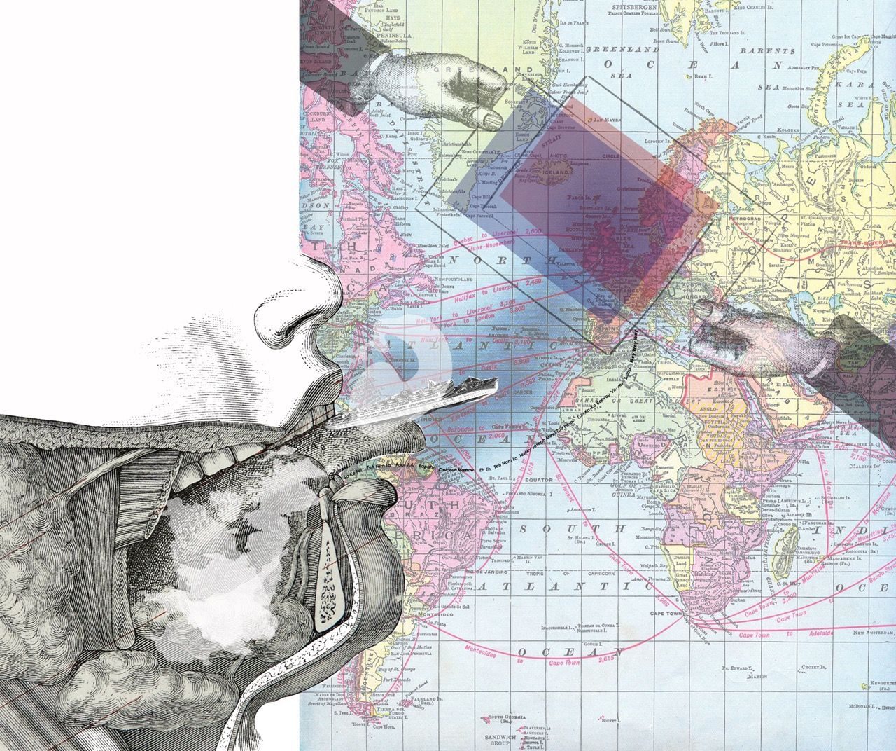 Collage of a map with two arms trading blue/red books, in the left corner there's an anatomical drawn section of a human mouth with a vapor in the shape is 3 islands, whilst a vapor shaped fetus is being projected off the tongue.