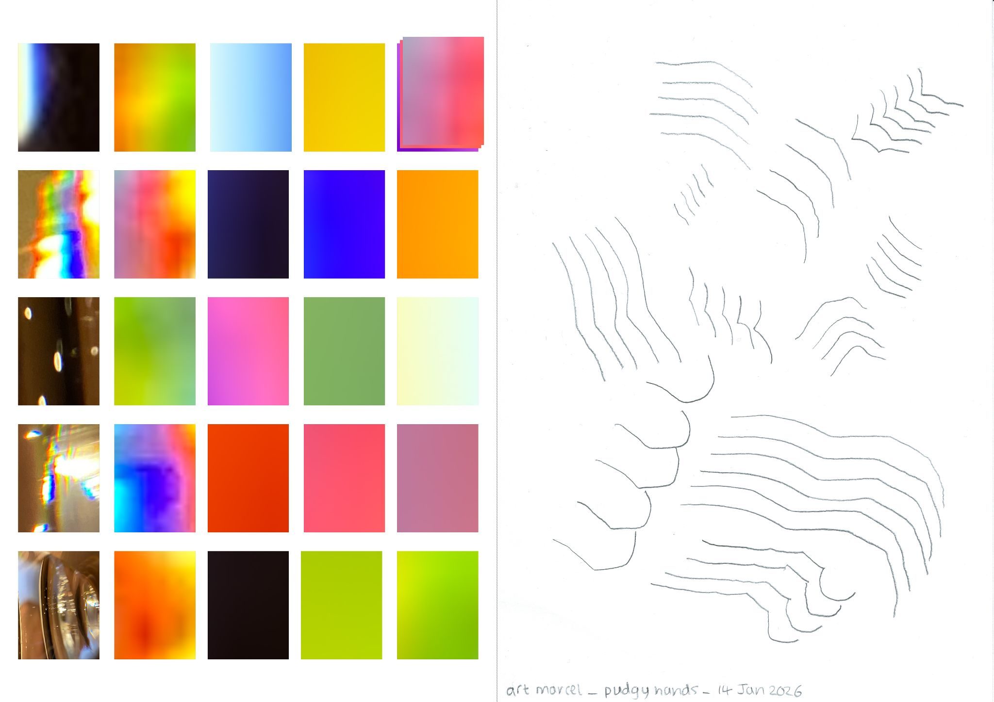 a landscape A3 page divided in 2 equal halves with a grey dotted line. the left half contains 22 coloured rectangles arranged in 5 vertical lines of 5 with the fifth vertical line containing 7 rectangles. the right half contains a collection of repetitive lines or marks made in pencil. the drawing has been scanned and has text written upside down along the top right corner 'art marcel _ pudgy hands _ 14 Jan 2026'.