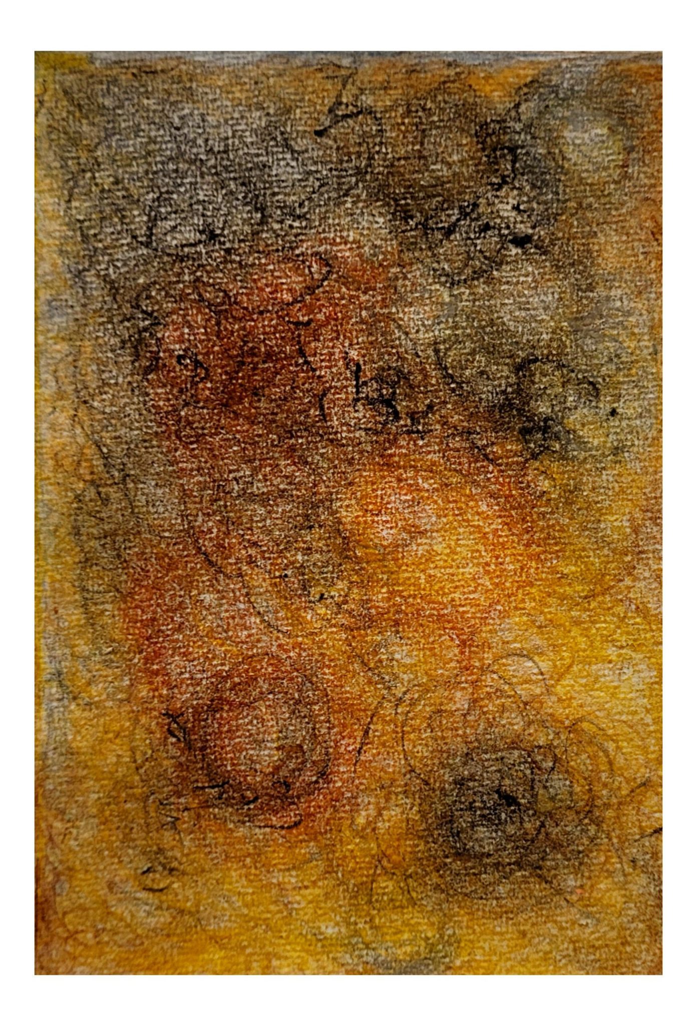 An swirling abstract colour drawing dominated by bright warm colours and dark shapes