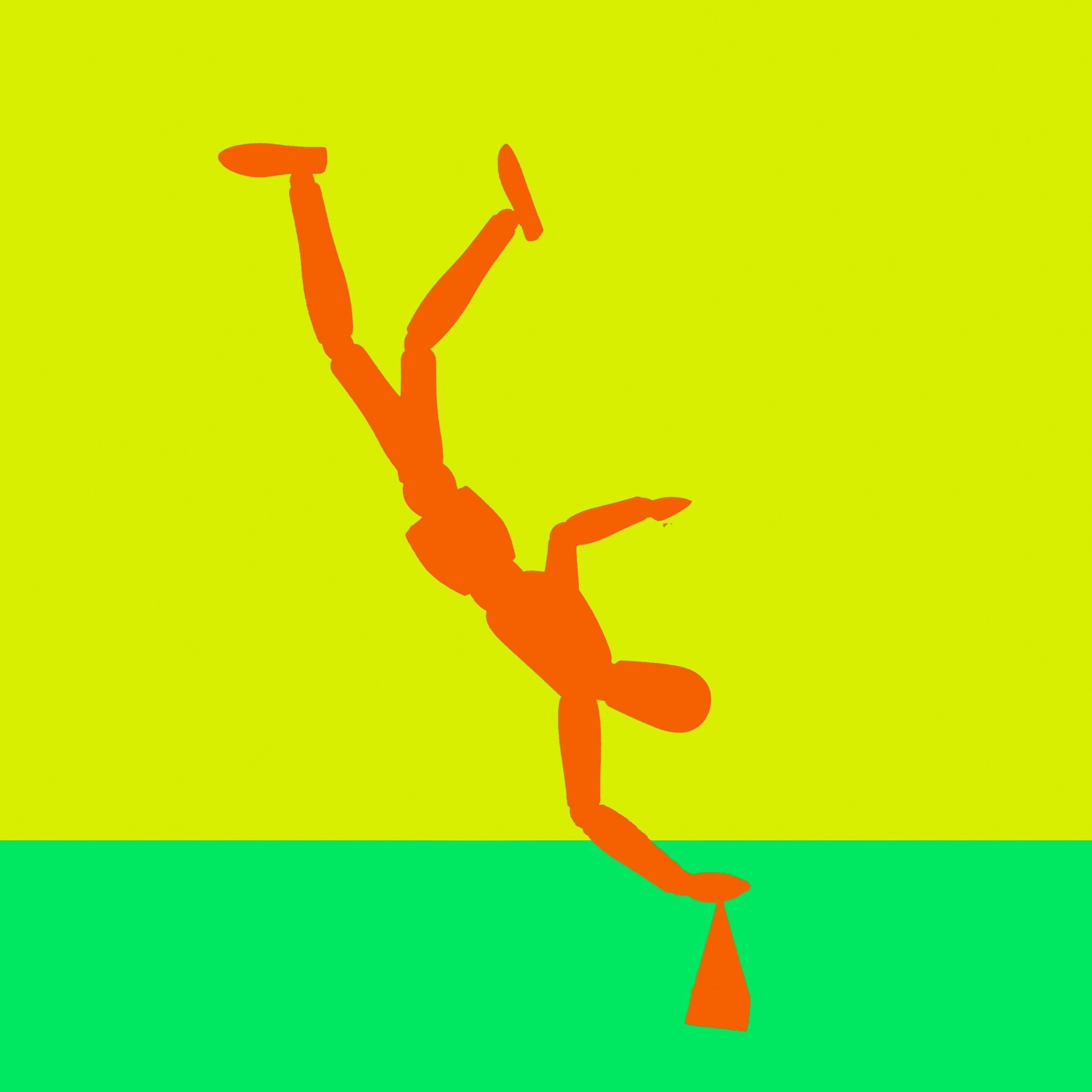 Vividly coloured artist mannequin doing a single hand stand on a pyramid shaped object