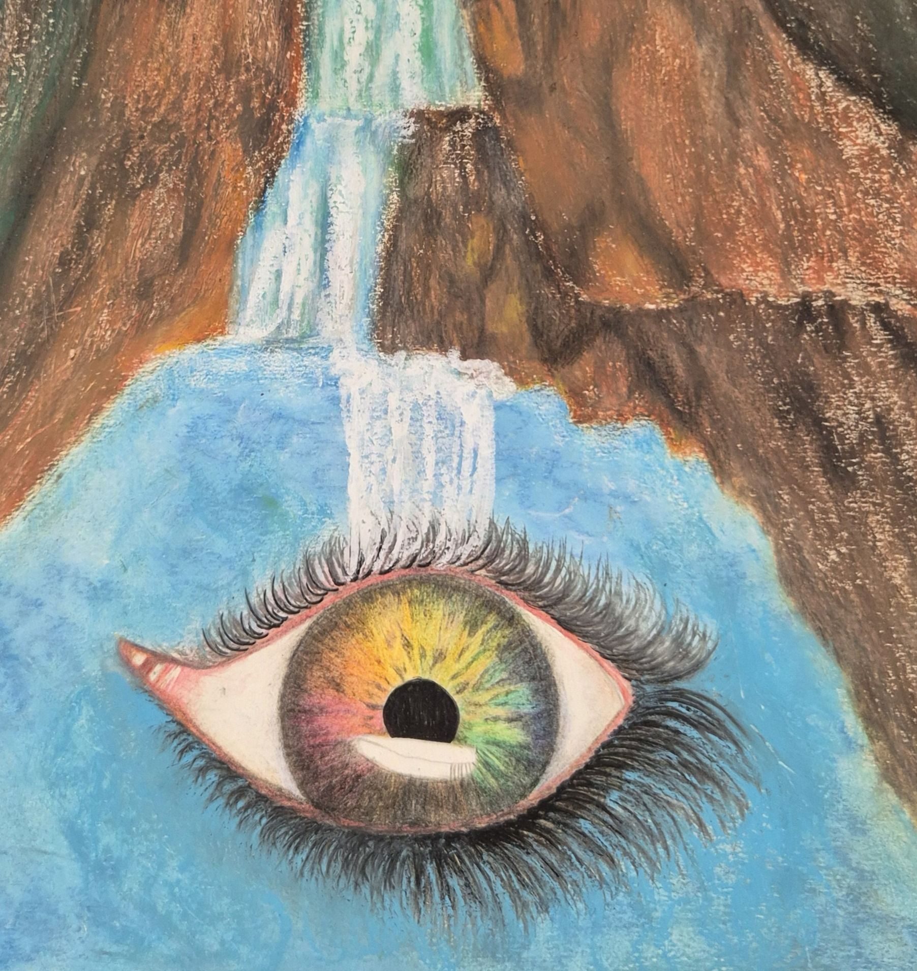 A waterfall reflected through an eye — turning the outside world inward.