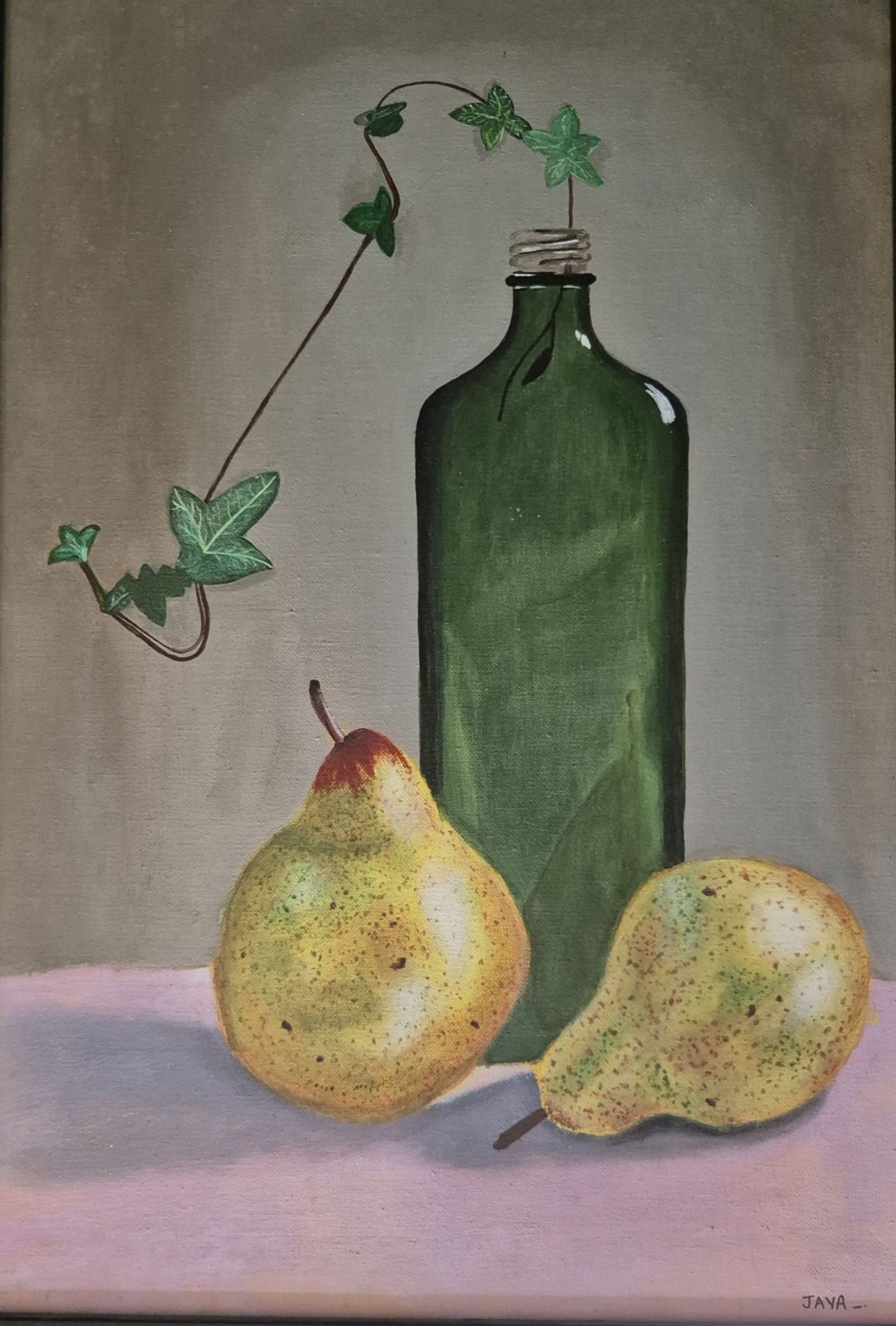 A simple arrangement of pears and a green bottle becomes a meditation on stillness—where light rests gently on ripened forms, and the ordinary is held with quiet dignity and care.