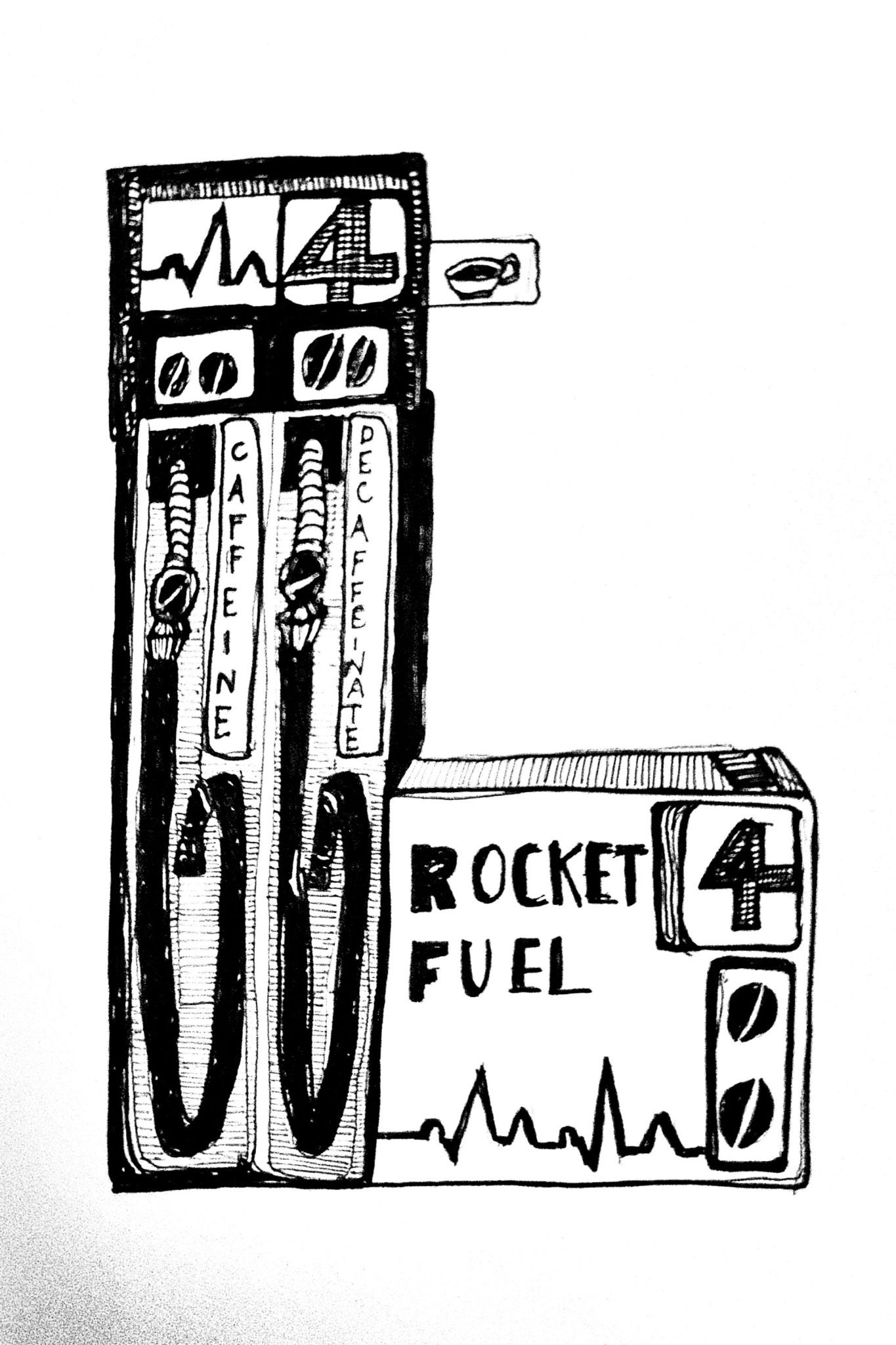 Black and white drawing of a fuel pump offering caffeine or decaffeinated coffee for human consumption.