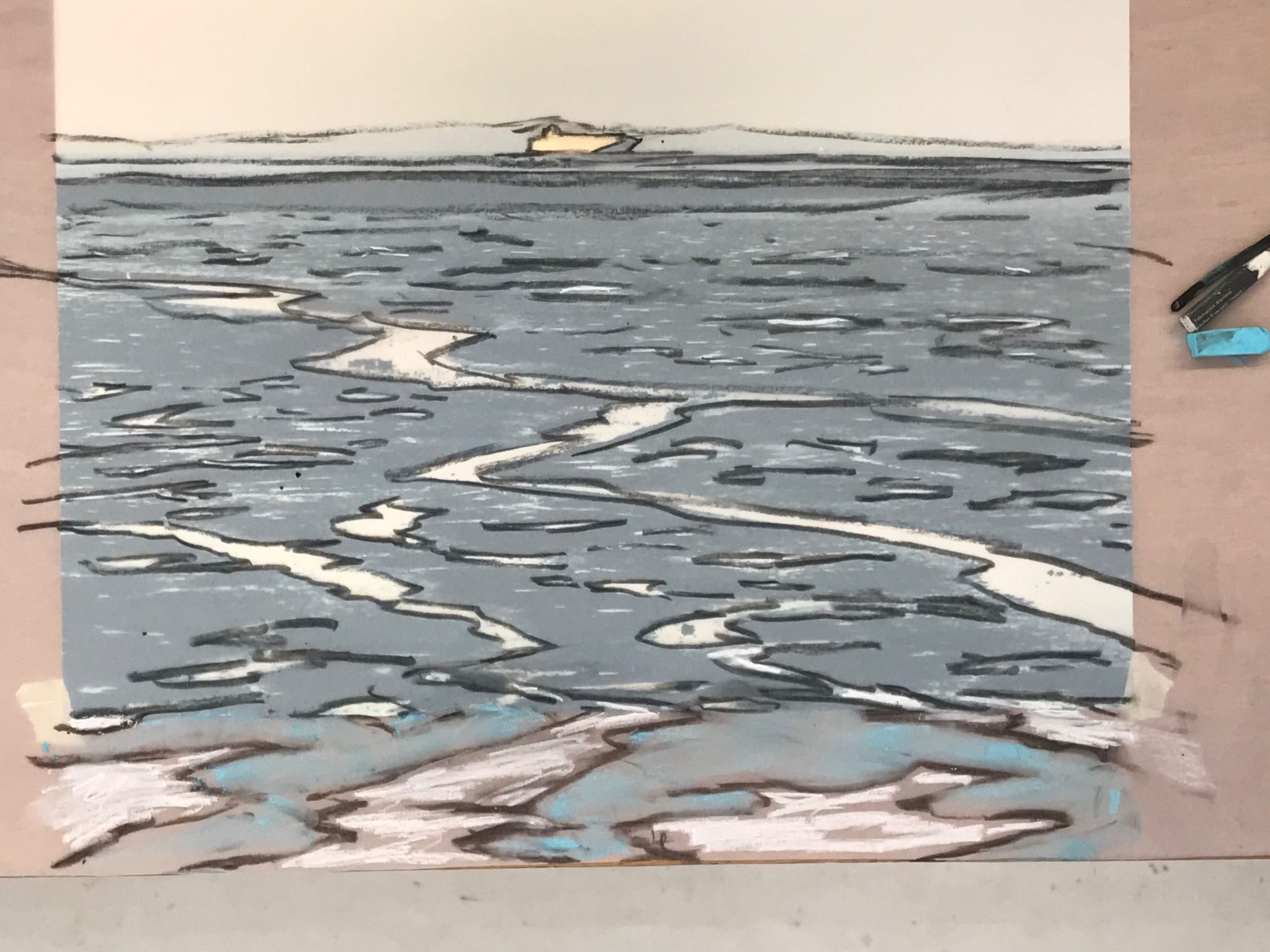 Photo of a charcoal and white chalk drawing on tracing paper. It is a tracing of the Day 2 estuary and ship photo with the drawing extending beyond the photo at the bottom.