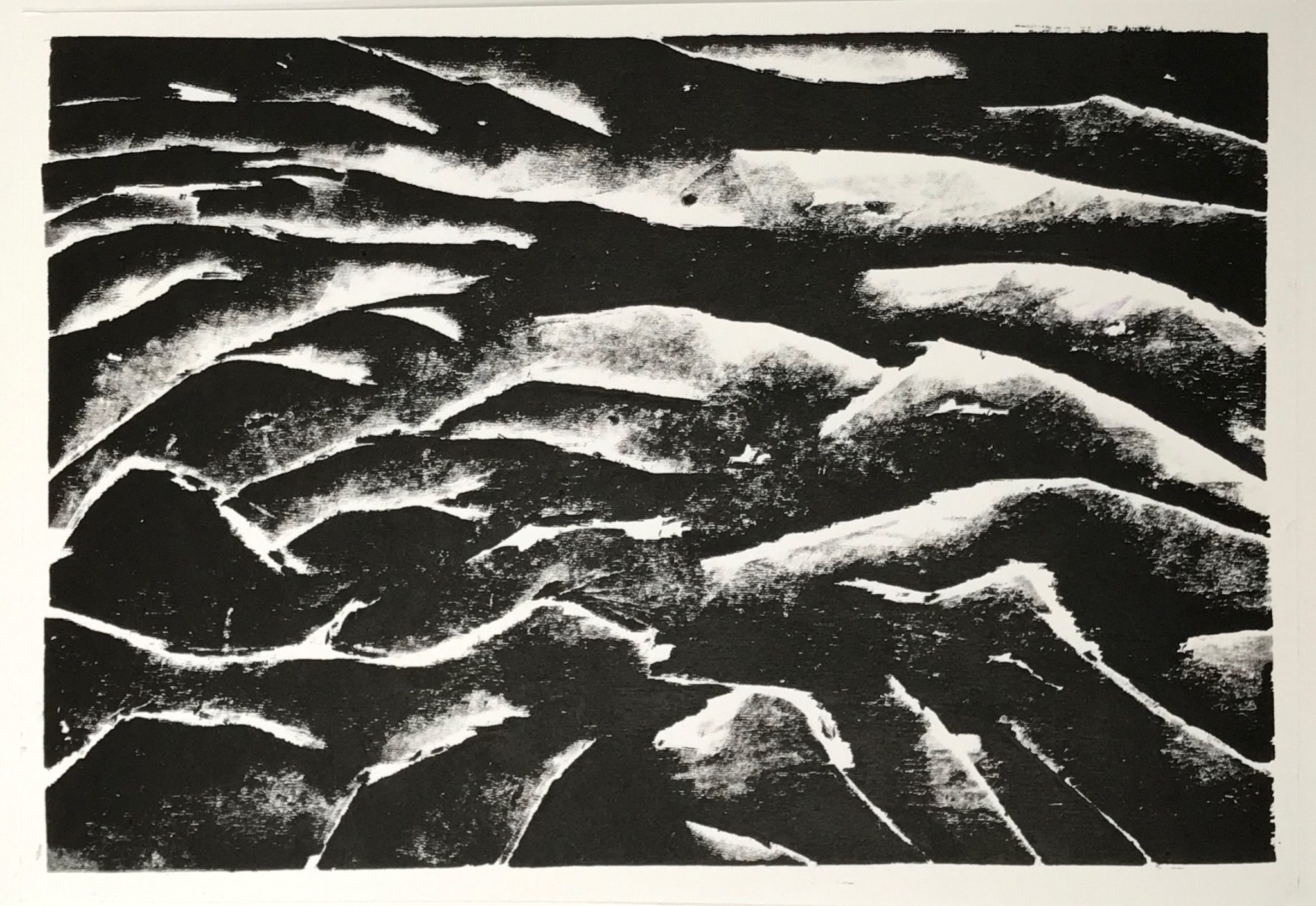 Print, black ink on white paper. Black, wave like, shapes with lines of white running through, as if channels. Rectangle shape, landscape format. A dark, brooding mood.