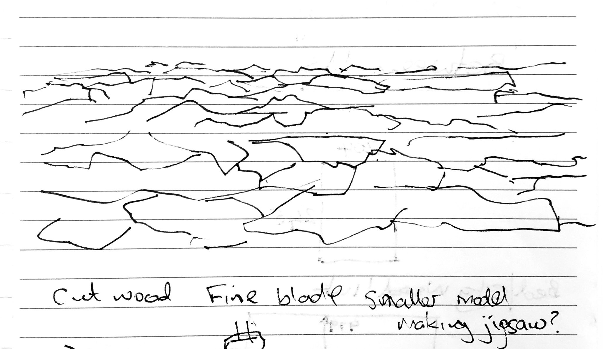 Thin black pen ink on horizontally lined white paper. The top two thirds shows a collection of wiggly curved and angular lines that represent the estuary patches of mud and water. The shapes get shorter toward the distant horizon. Under the drawing are the words 'Cu wood Fine blade smaller model making jigsaw.