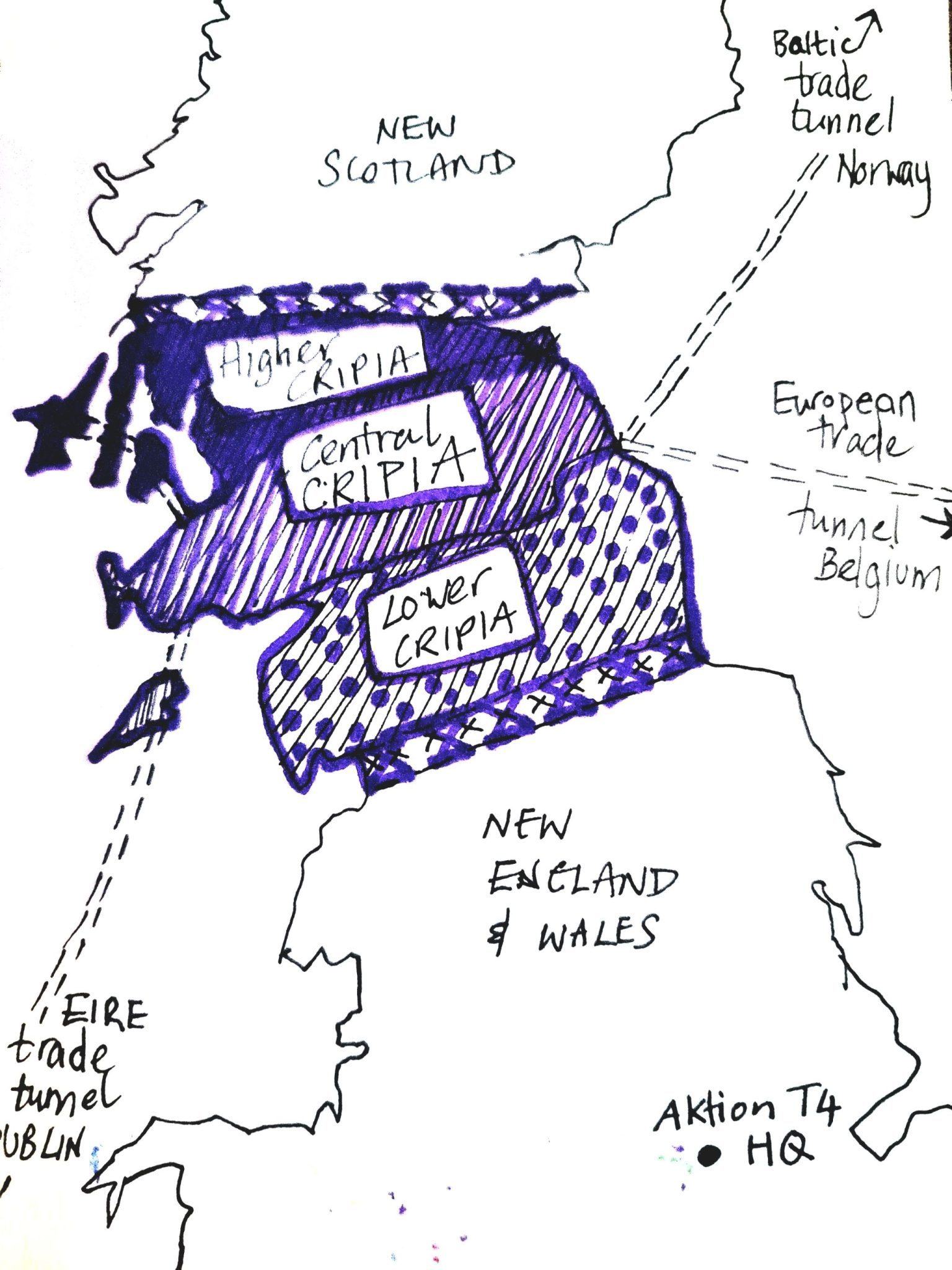 Black ink drawing with purple highlights of a fictitious state where disabled voices lead,  called Cripia, nestled between and dividing England and Scotland.