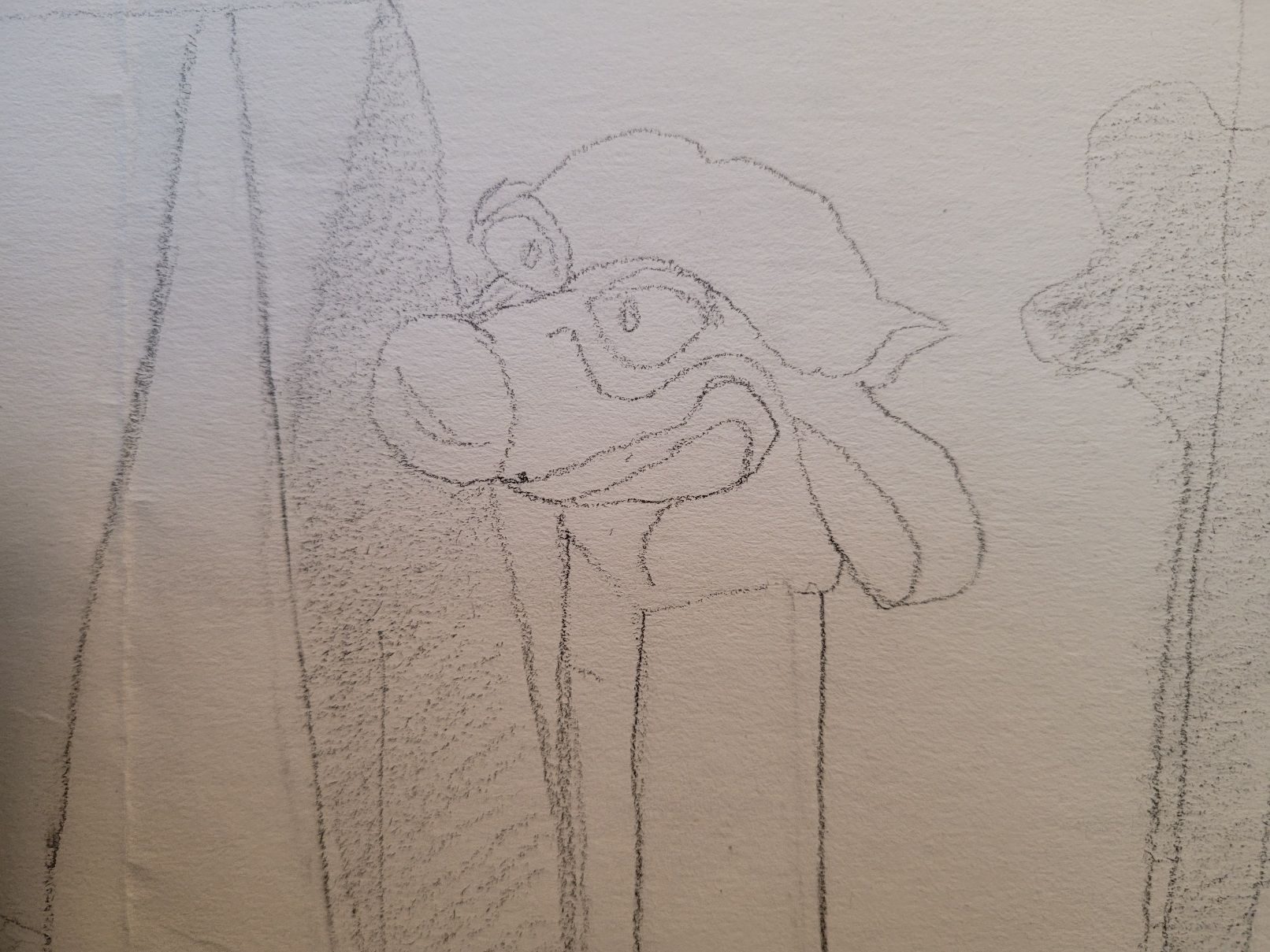 A pencil drawing of the head of a Pez dispenser, which is a cartoon dog or wolf's head with large eyes and ears.  and ears