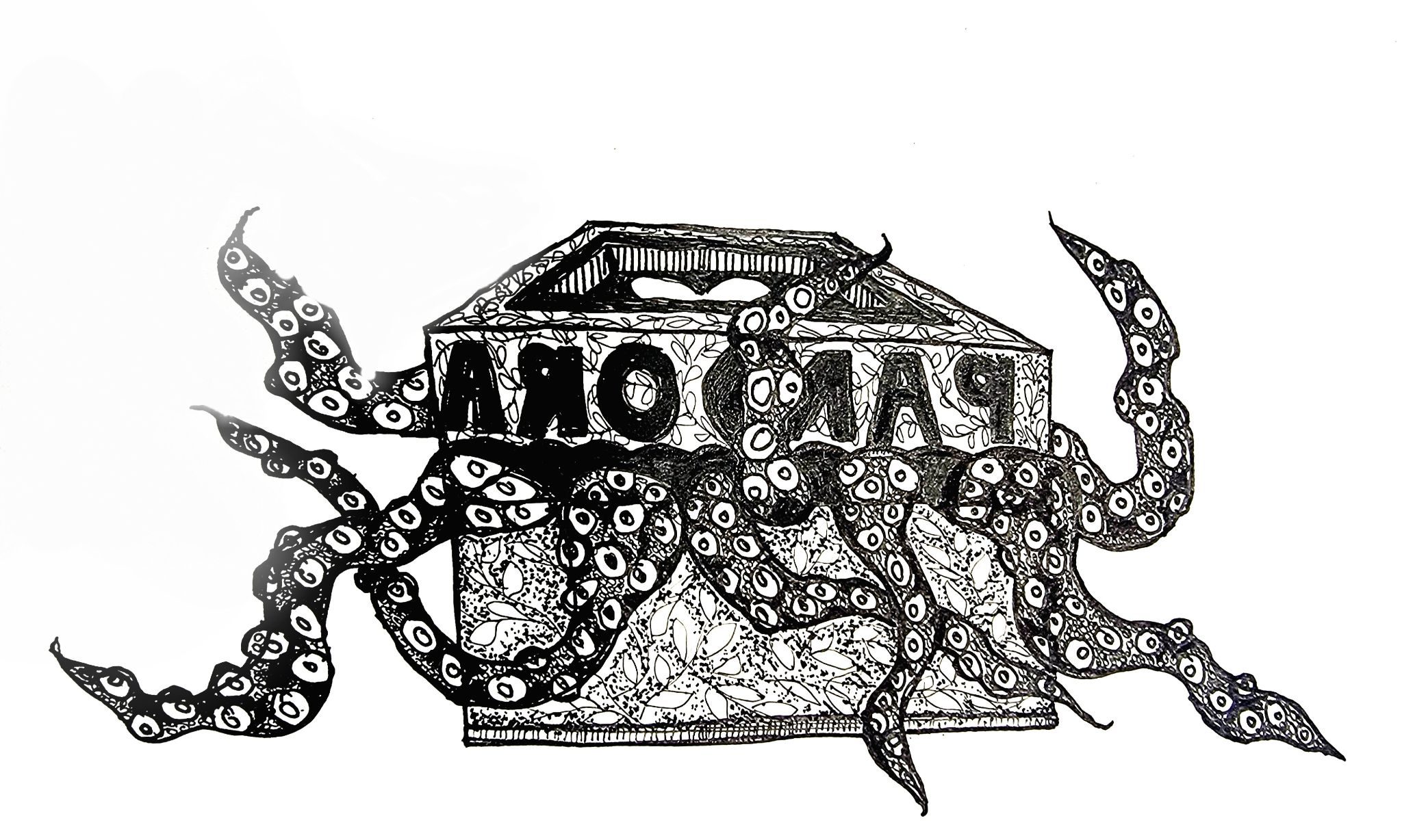 Black and white drawing of an octopus tendrils opening the lid of a box with the name Pandora on.